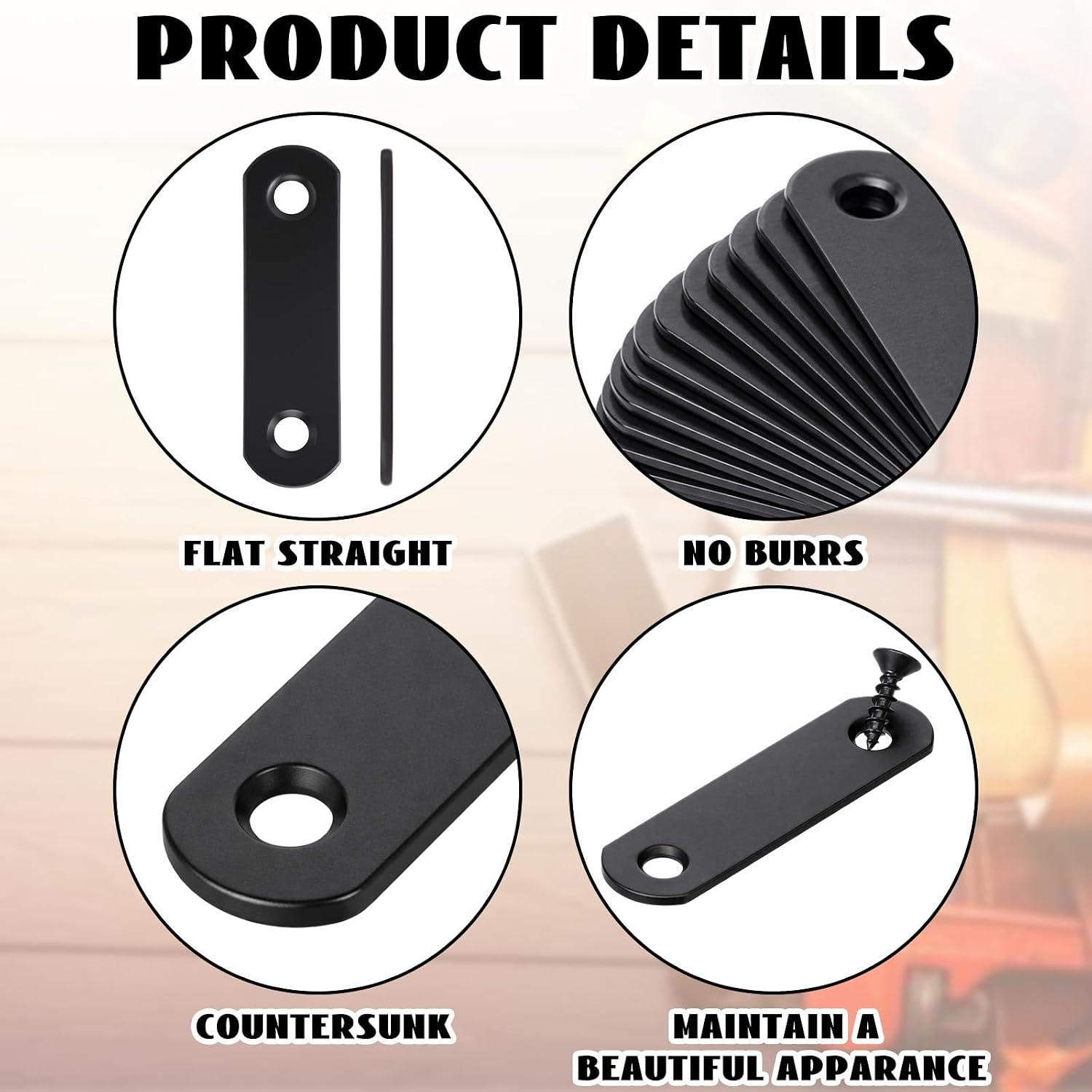 Yinkin 100 Pcs 2.2"x0.6" Black Stainless Steel Flat Straight Braces Mending Plates with 200 Screws, Rustproof Straight Brackets for Furniture, Shelves, Cabinets & DIY Wood Joint Repair