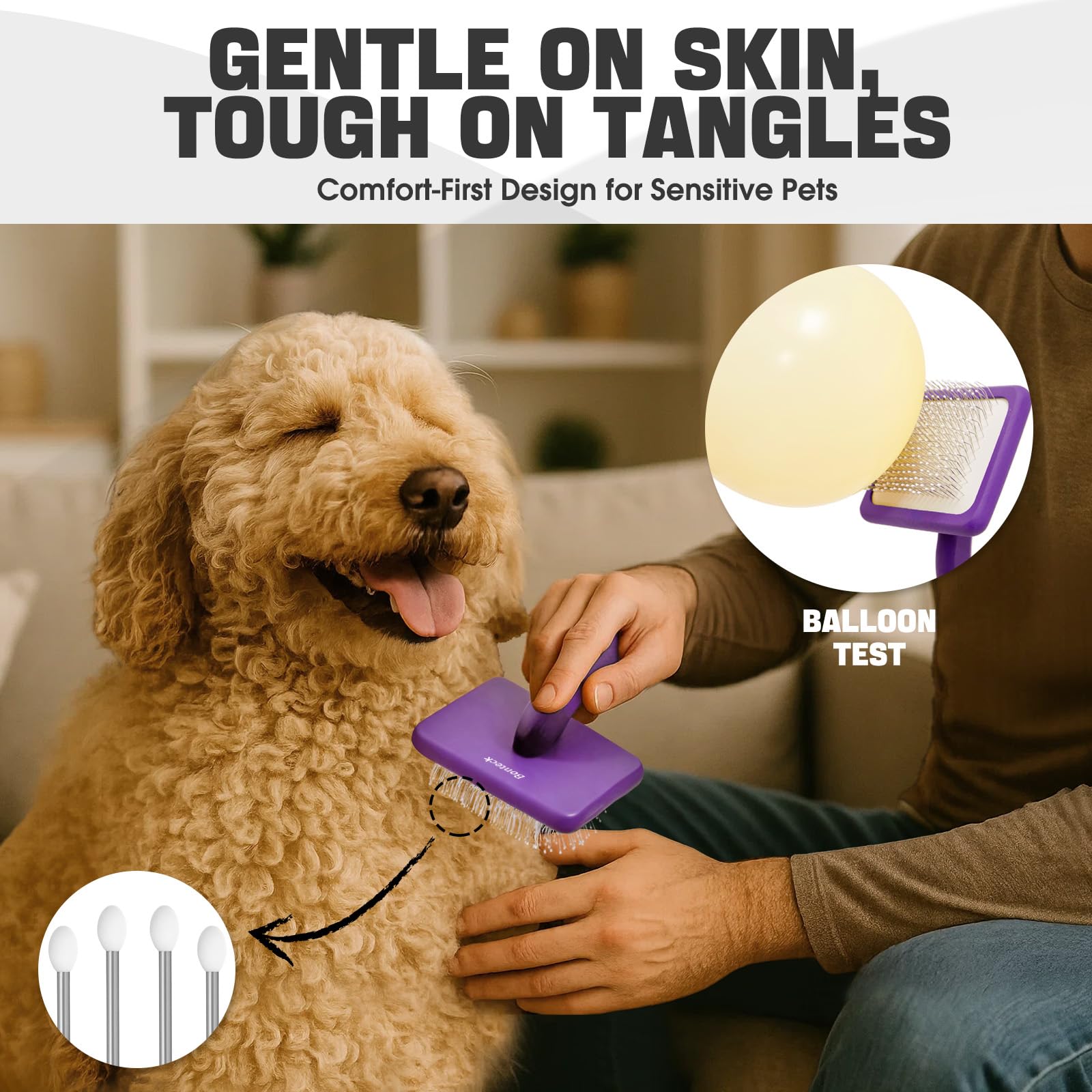 Bonteck Kit de aseo para perros, 4 piezas, cepillo para perros, cepillo largo para desenredar, cepillo de baño para perros, peine para pulgas, peine para perros, cepillo para pulgas, cepillo para