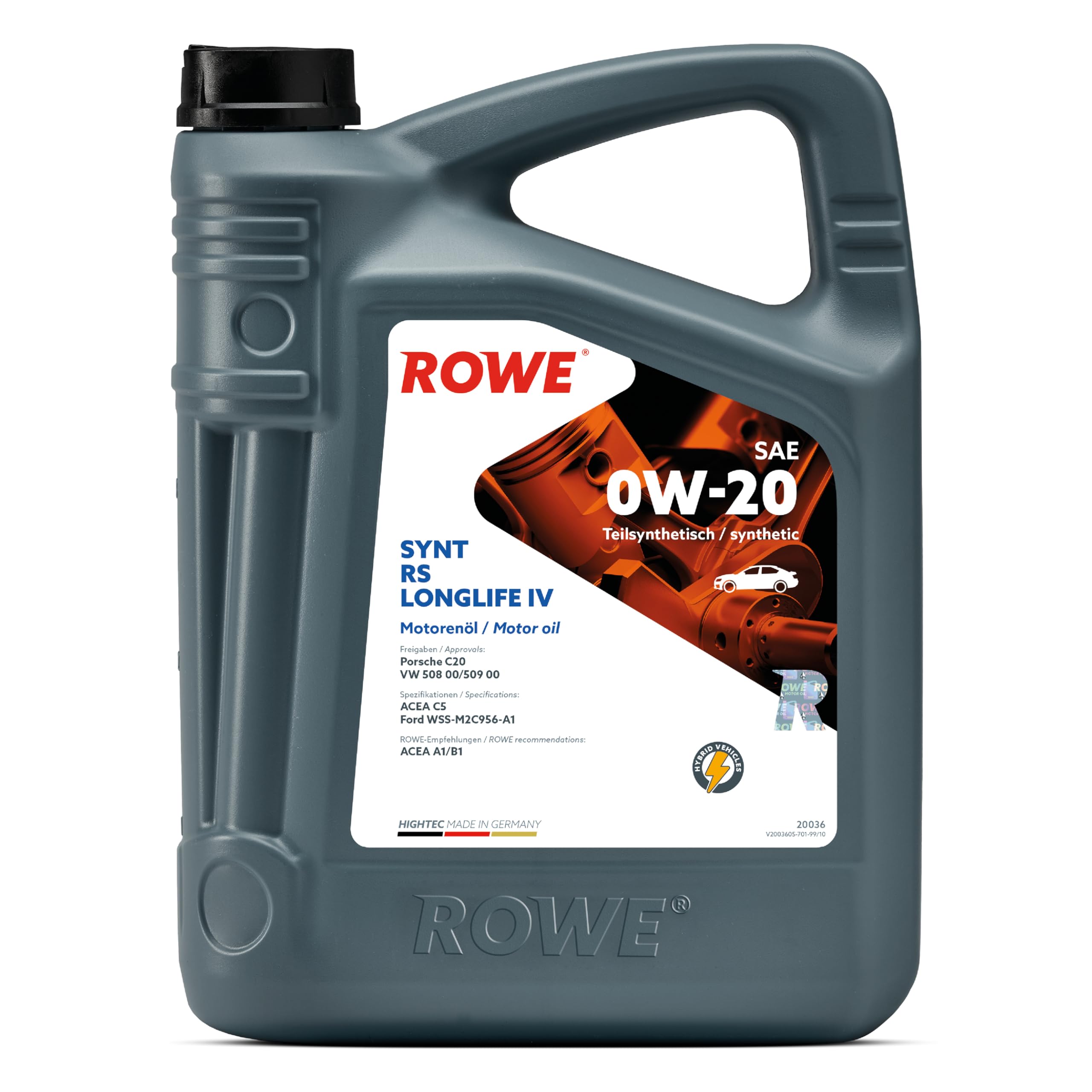 ROWE HIGHTEC SYNT RS LONGLIFE IV SAE 0W-20, 5 Liter, Hochleistungs-Motorenöl | Hochleistungs-Motoröl für PKW Otto- und Dieselmotoren, Art. Nr. 20036