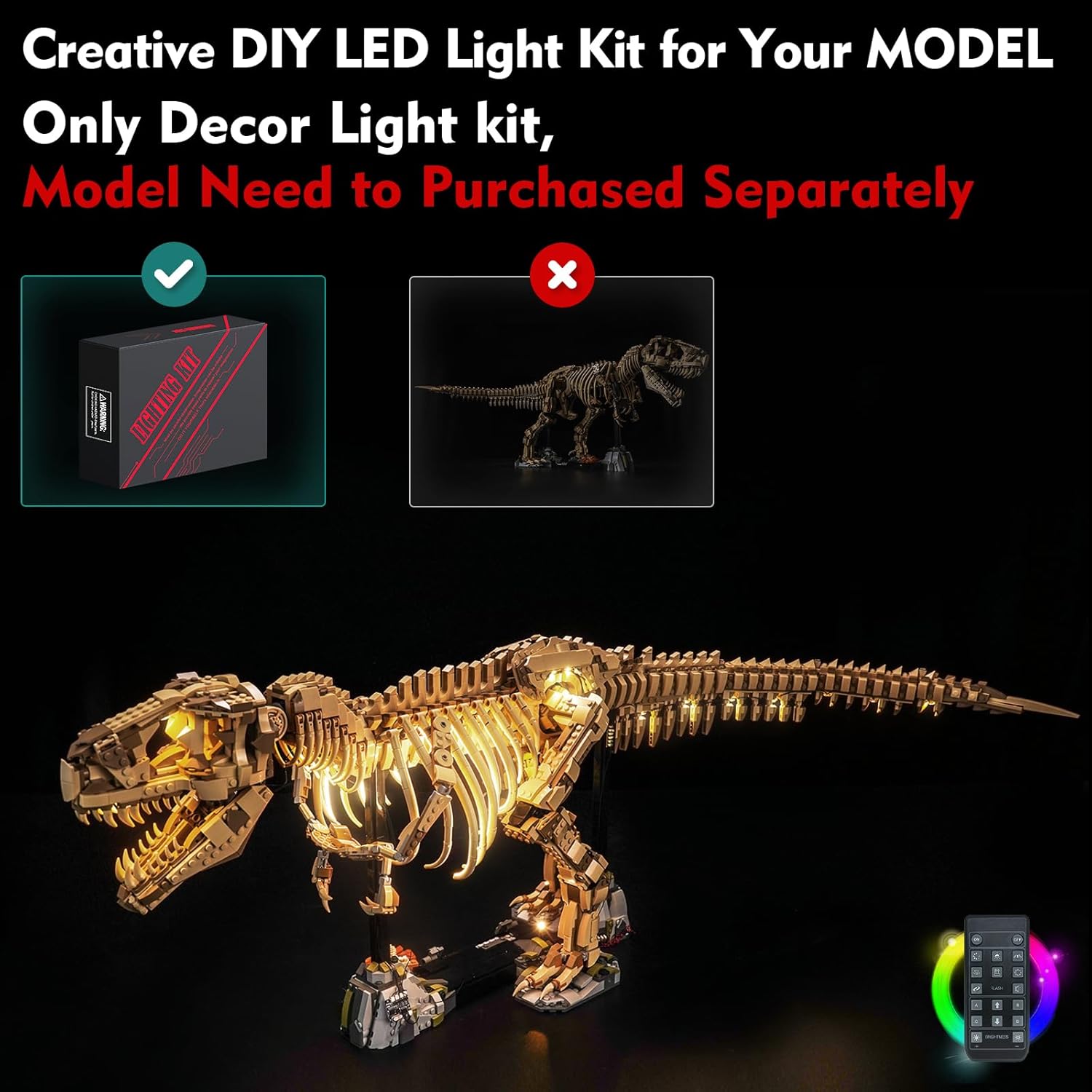 Light kit Compatible with Lego 76968 Dinosaur Fossils: Tyrannosaurus rex - No Model Only Light, LED Lighting Accessories Compatible with Lego Dinosaur Fossil 76968 (RC Version)