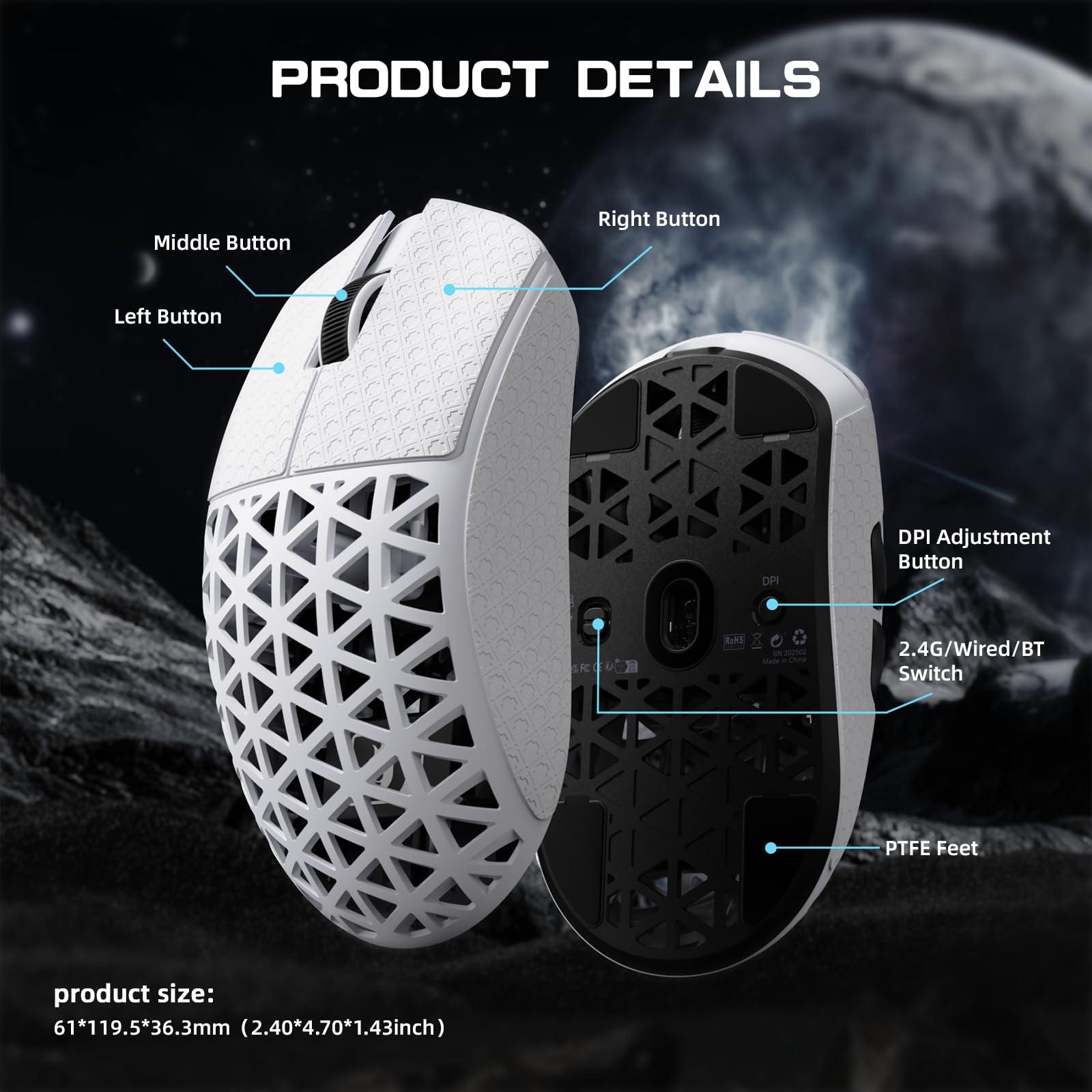 MAMBASNAKE M5 Ultra Carbon Fiber 8000Hz Kabellose Gaming-Maus mit Bis zu 42000 DPI, 39g Ultraleicht, PAW3950MAX Sensor, Nordic 52840 Chip, 2,4GHz Wireless/BT/Kabelgebunden, für PC/Xbox/PS/Mac – Weiß
