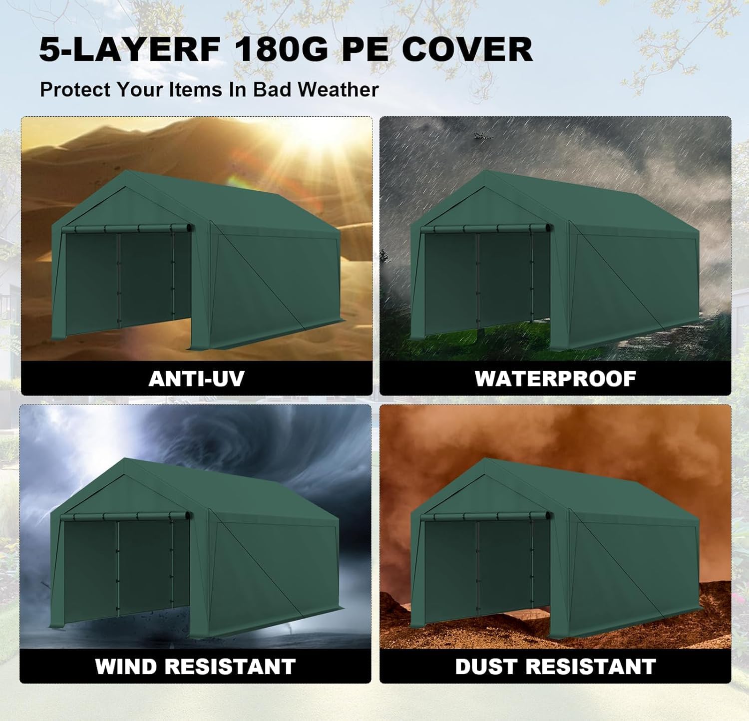 Carport, 10x20ft Heavy Duty Car Port, Portable Garage with Removable Sidewalls & Doors, Car Canopy with All-Season Tarp for Car Boat Truck Party (SGreen)