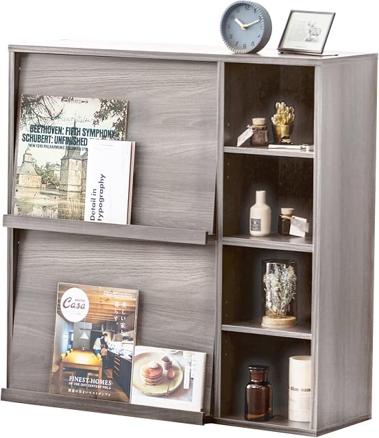 Iris Ohyama, Storage unit with 4 shelves & 2 folding doors/Wooden Cabinet/Flap Rack, Modular & Design, Office, Living Room, Library - Flap Rack - FR-F2 - Grey Oak