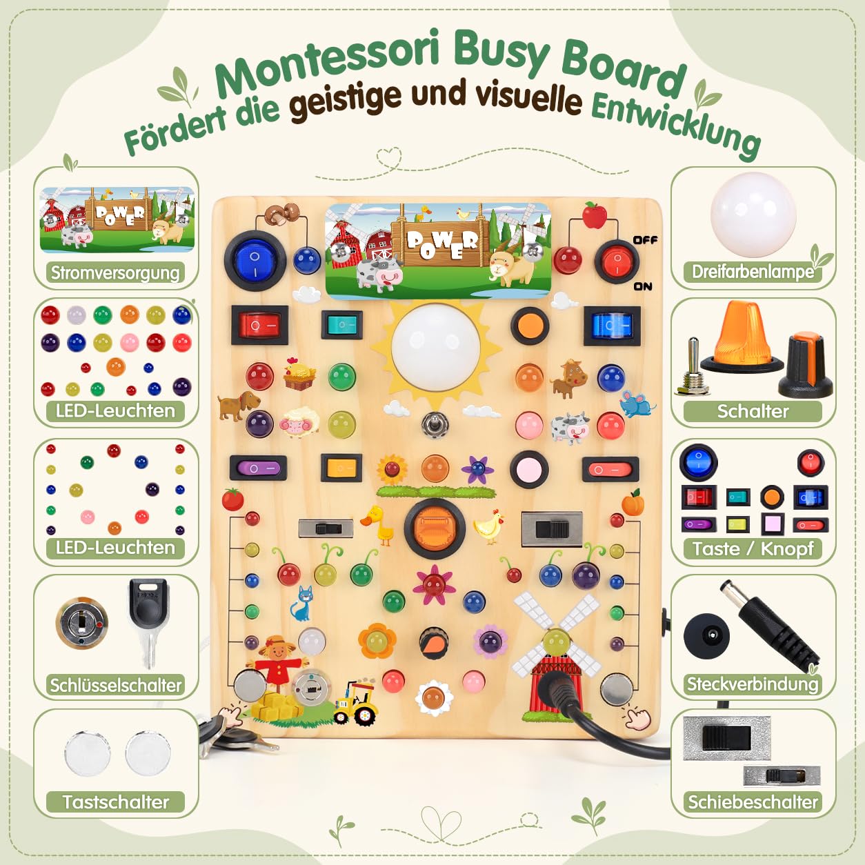 Montessori Giocattolo Busy Board a partire da 1 anno Activity Board in legno fattoria | Giocattolo per abilità motorie con 19 interruttori, 40 luci LED, giocattolo per bambini, regalo per ragazzi e ragazze