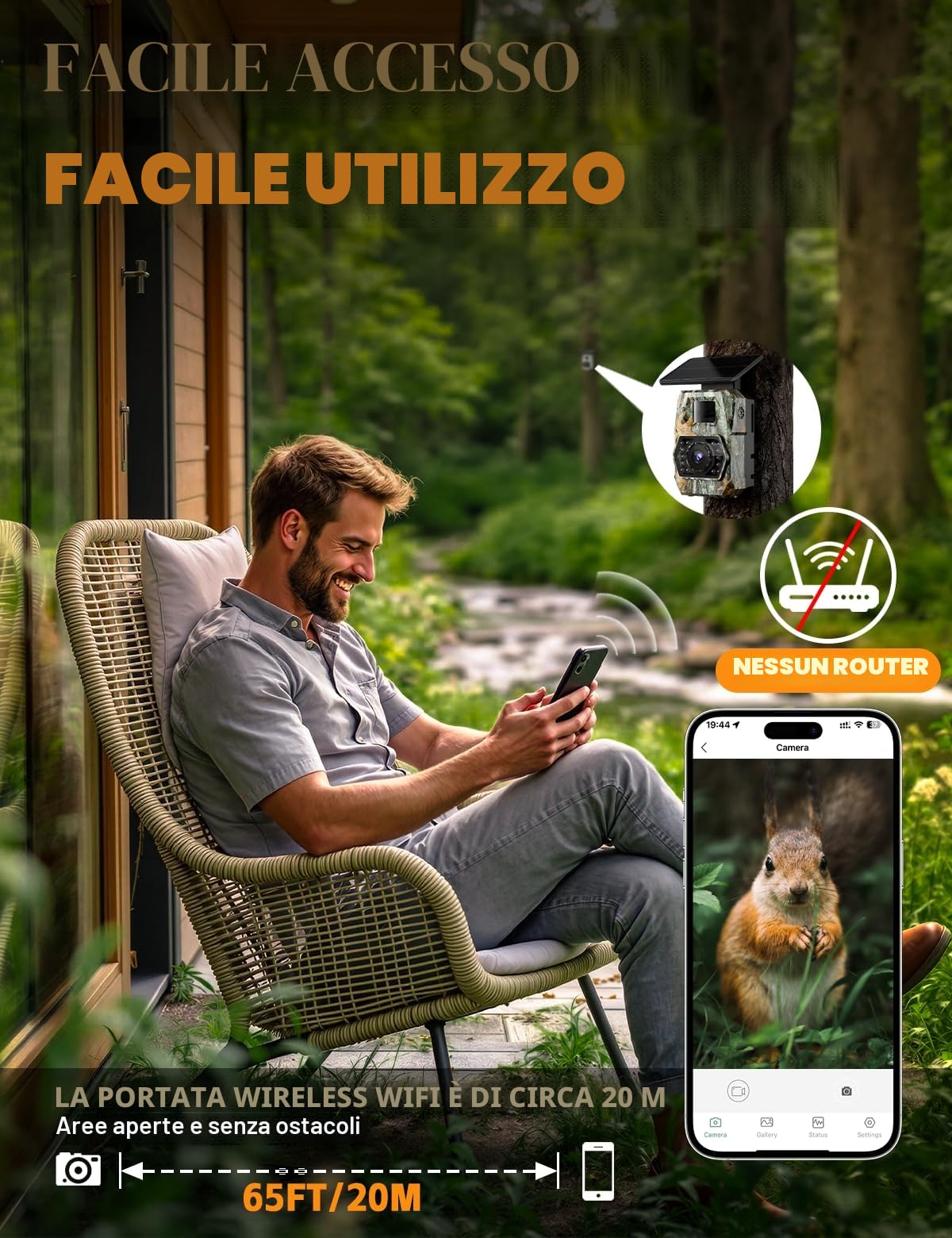 Fototrappola con Pannello Solare 60MP 4K 30fps, WIFI Bluetooth e App Fototrappola con Batteria Ricaricabile da 5200mAh Angolo di Rilevamento 100°HD Visione Notturna Impermeabile IP66