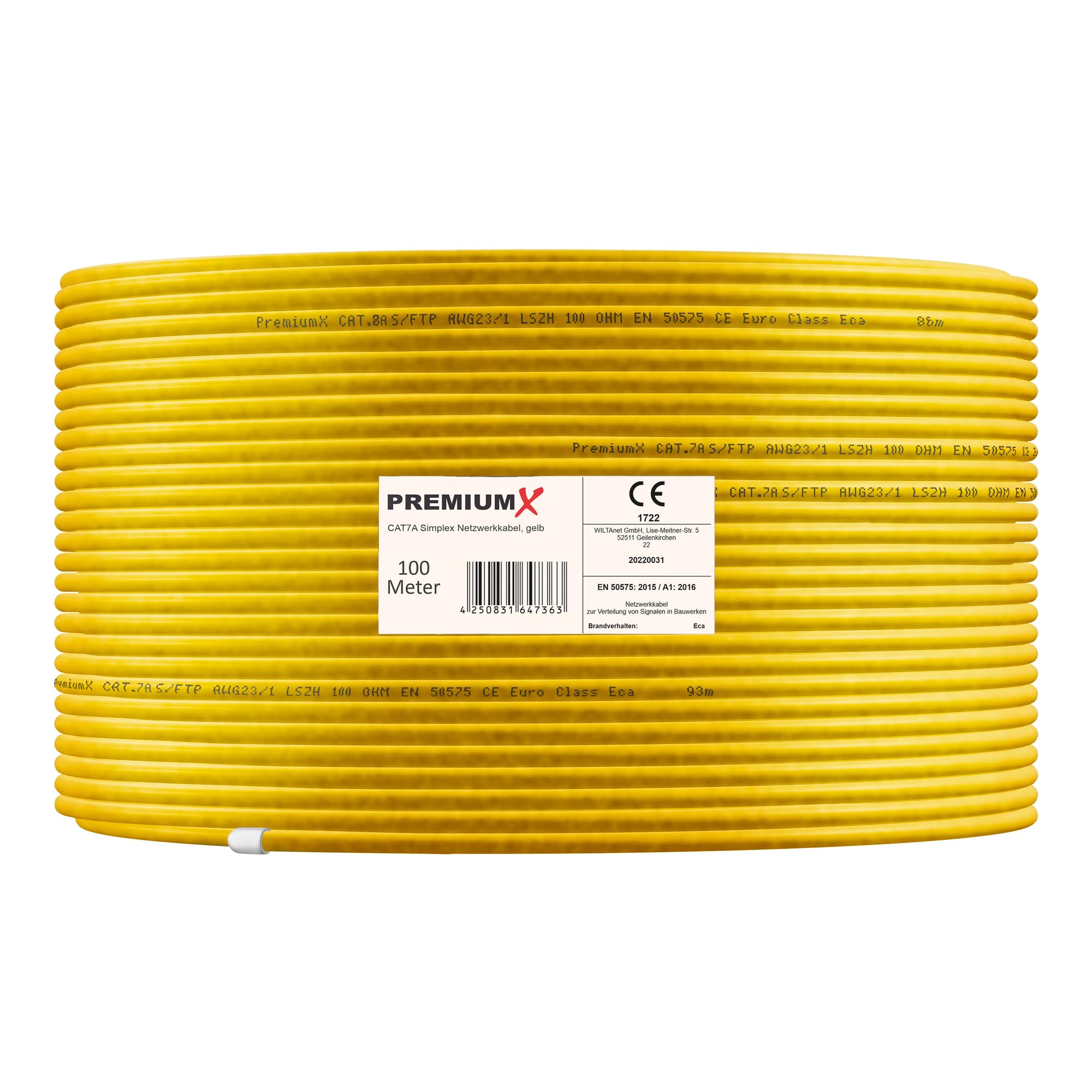 Premium X CAT 7A Cavo di rete 100m - Cavo Ethernet CAT7A Rame Puro - Schermato S/FTP - Cavo dati LAN Gigabit 1200 MHz 4x2xAWG23 PIMF PoE 10Gbit/s Senza alogenuri - Cavo di installazione - 100 metri