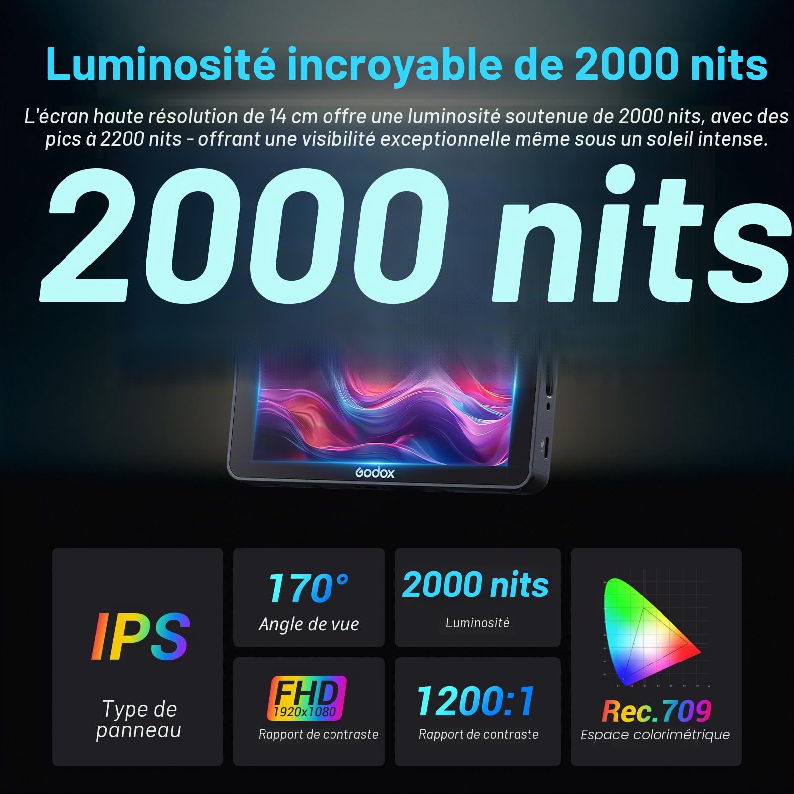 GODOX GM6S Pro Moniteur de Terrain pour Caméra 5,5 Pouces, Moniteur HDMI 4K | 2000 nits ±10 % ultra Lumineux, écran Tactile IPS 1920×1080, Entrée et Sortie LUT 3D, Boîtier Entièrement en Métal