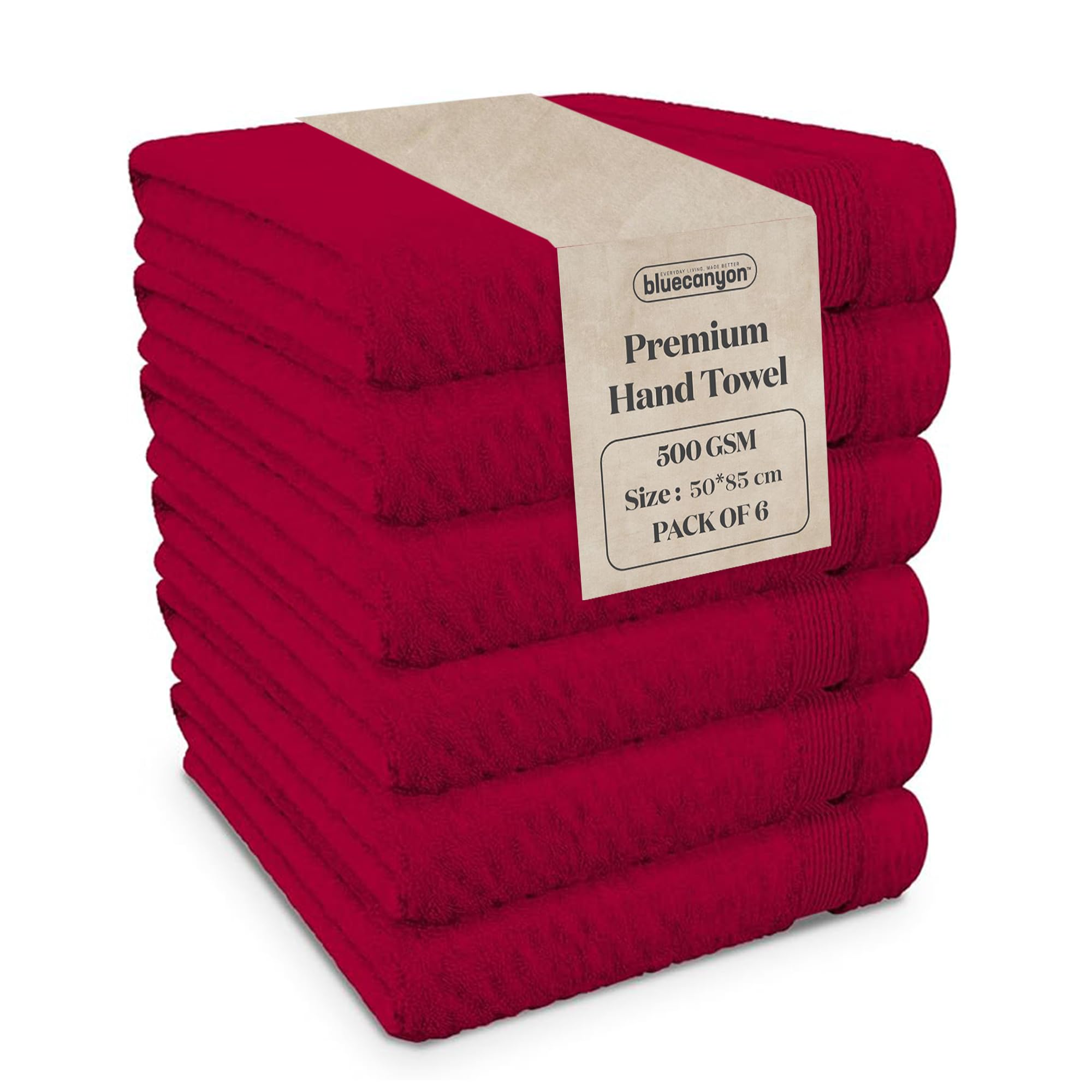 Blue Canyon Hand Towels, Bathroom Soft Towels, Woven Light–Weight, Quick Dry, Reusable Hand Towels, Bacteria Resistant, Skin Friendly, Makeup Remover Towel 50 * 85 cm, 500 GSM, PACK OF 6, (DEEP RED)