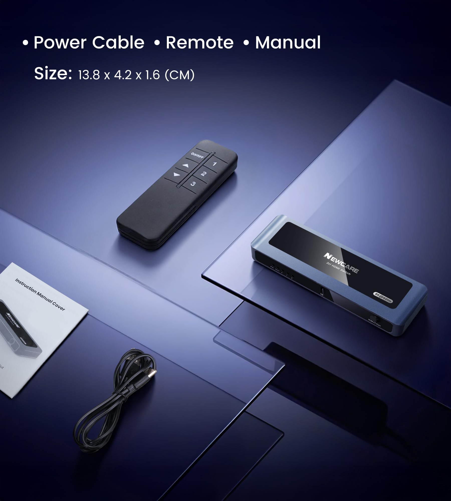 NEWCARE 8K HDMI Switch 3 wejścia 1 wyjście, 4K@120Hz aluminiowy przełącznik HDMI 3 wejścia 1 wyjście z pilotem, 3 porty HDMI Switcher Obsługuje 8K@60Hz 48Gbps HDR10+ VRR