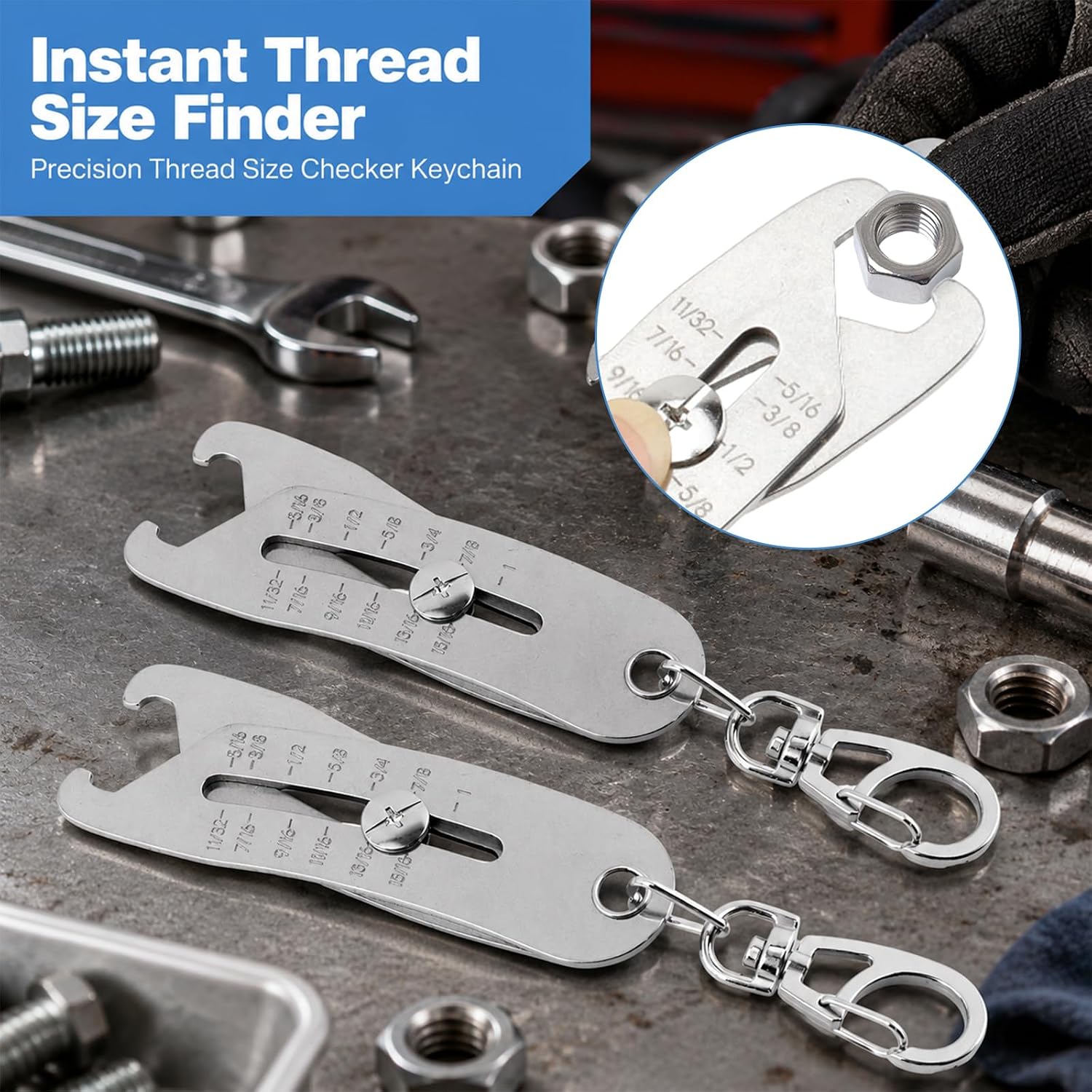 Bolt Size Finder Keychain, SAE & Metric 5/16–1, 8–25 mm, Nut & Bolt Fasteners Measuring Tool, Wrench & Socket Size Finder for Mechanics and Auto Repair