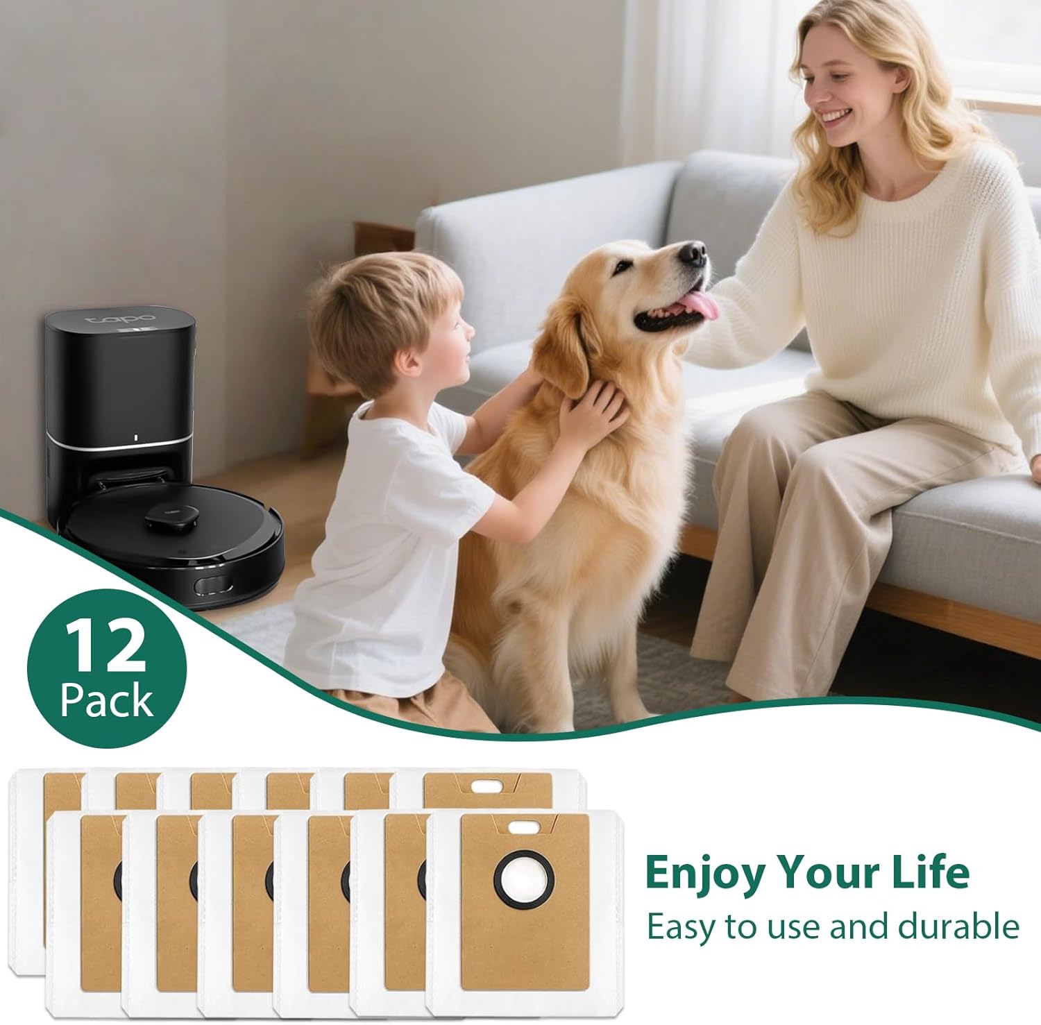 KGC 12 Pack Replacement Dust Bags for Tapo RV30 Max Plus /RV20 Max Plus, 3L Capacity Heavy Duty Bags, Robot Vacuum Bags Compatible With Canister & Upright Vacuum Cleaners, Spare Parts Accessories