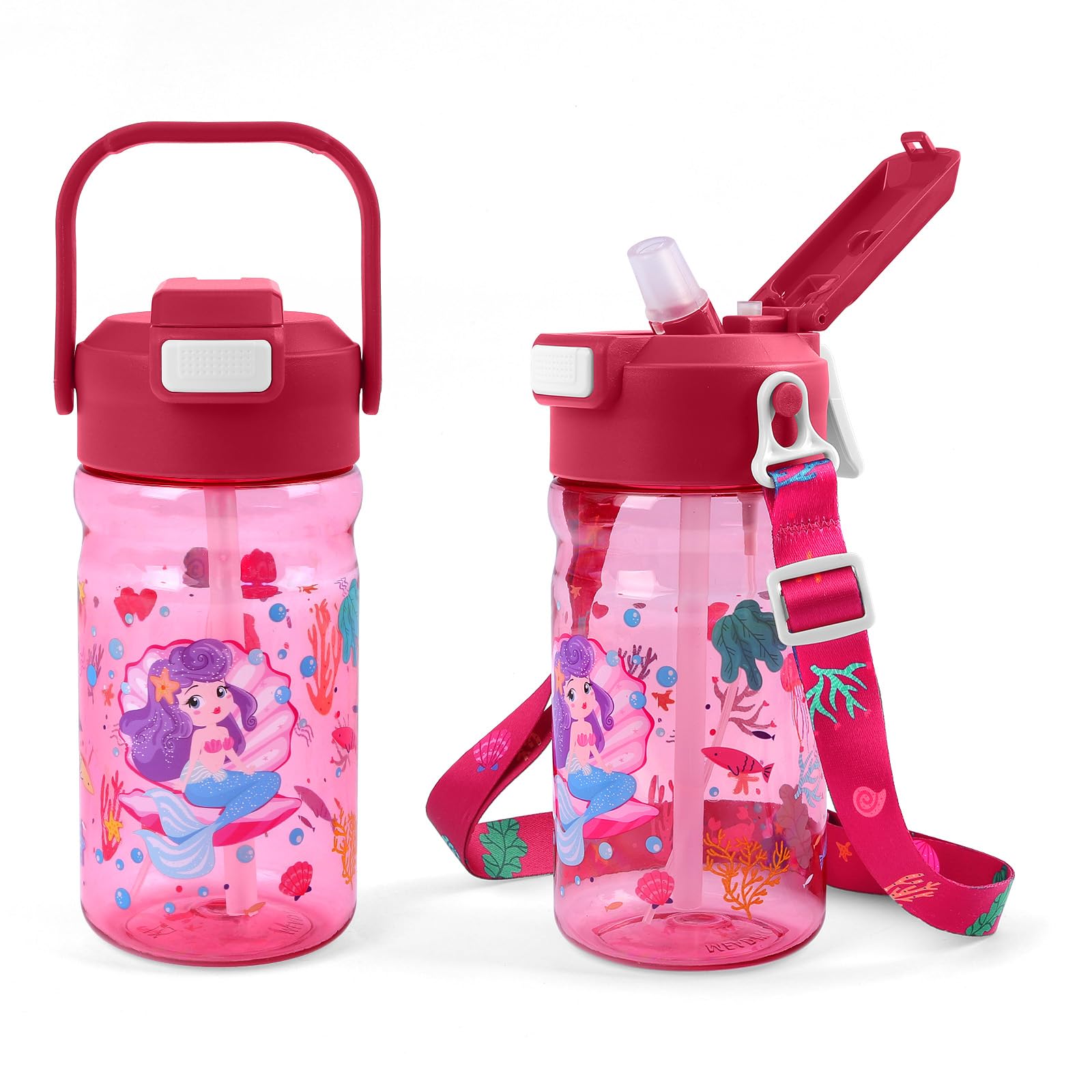 alldomess Kids Water Bottle Mist & Sip 2-In-1, 600ml Plastic Mist Bottle for Children With Straw and Handle, Leakproof & Lightweight, Ideal for School Sports Travel & Camp, Mermaid