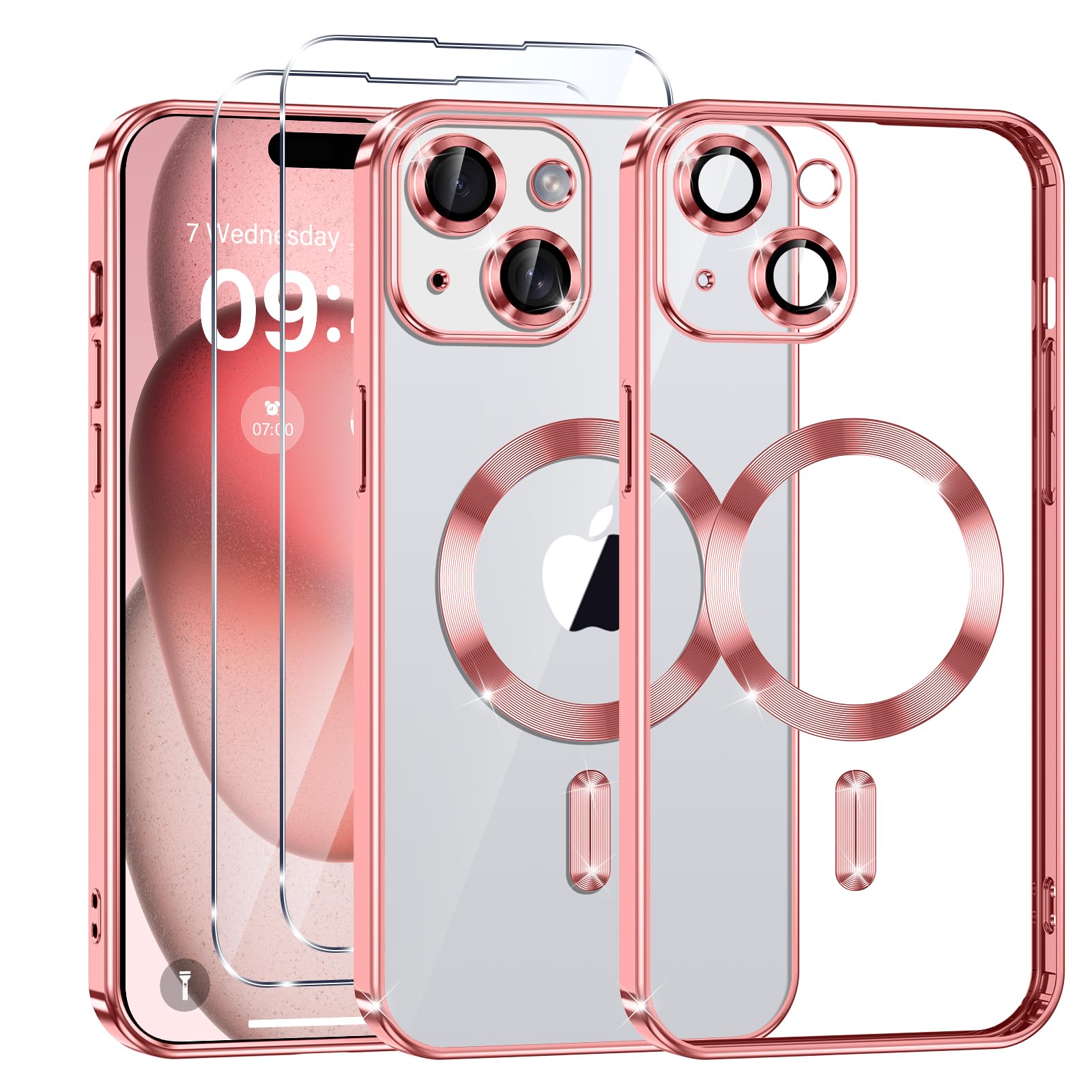 Vauki Funda Magnética para iPhone 15 Plus, con 2 x Protector Pantalla, Compatible con MagSafe, Carcasa Transparente Capa Antiamarillenta Anti-Arañazos Protección Militar Antigolpes, Rosa