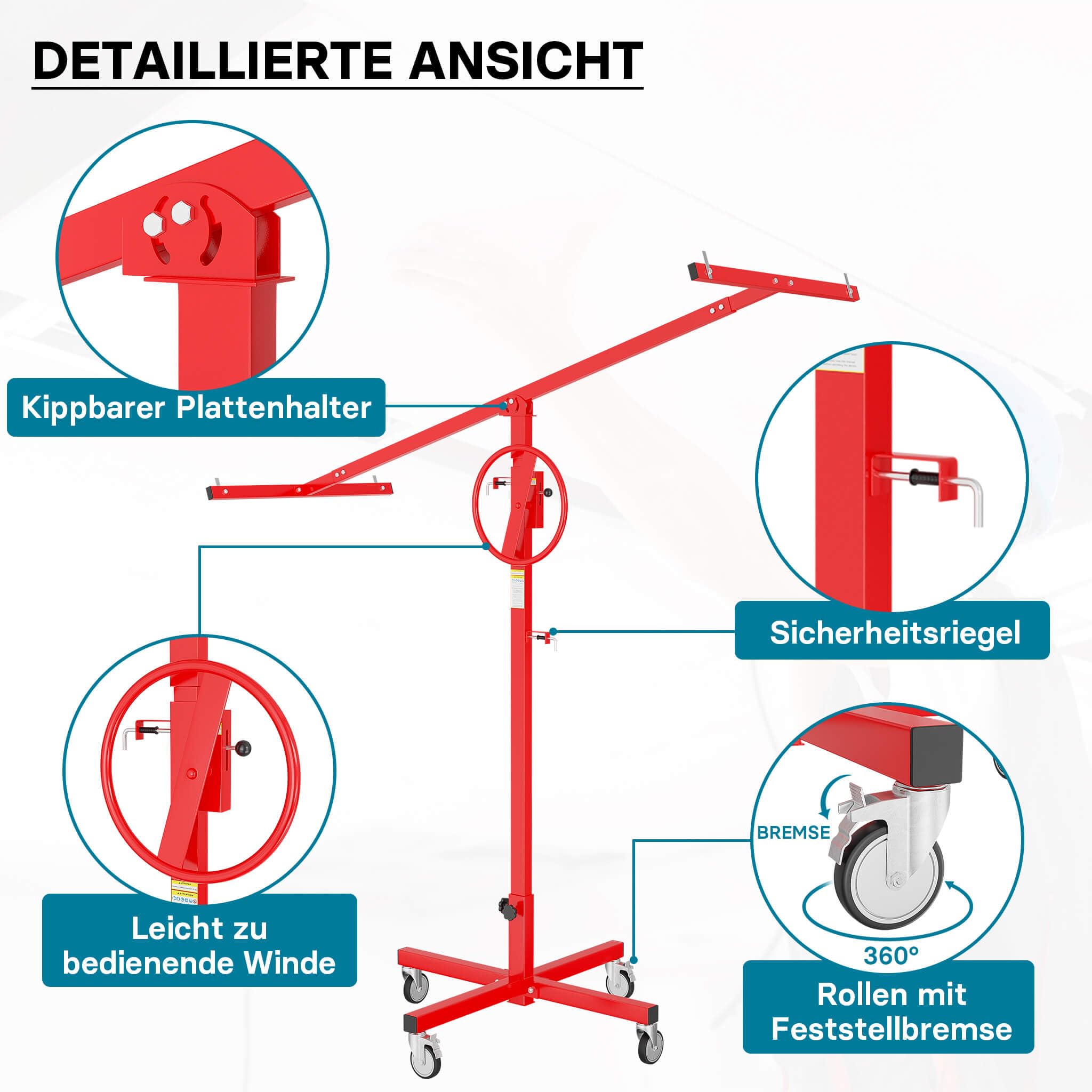 XPOtool Plattenheber bis max. 40 kg, Höhe 170-290 cm, Montagehilfe für Trockenbau, Paneelheber mit 4 Rädern mit Feststellbremse