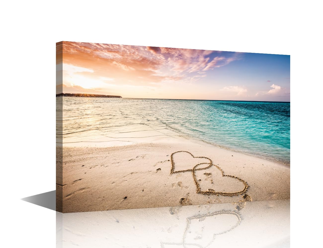 Two Hearts Poster Print on Canvas Sandy Beach by the Sea Wall Decor Beach Wall Art 1 Panel Pictures for Bedroom Stretched and Framed Ready to Hang (16''Wx 24''H)