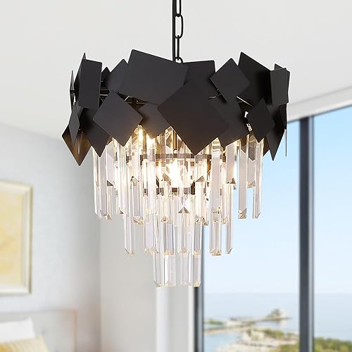 Miniatura 16 de Candelabros de Cristal Modernos 24" Candelabro Redondo Negro de Lujo K9 Accesorio de Lámpara de Techo de Cristal Candelabro de Montaje al Ras Tipo