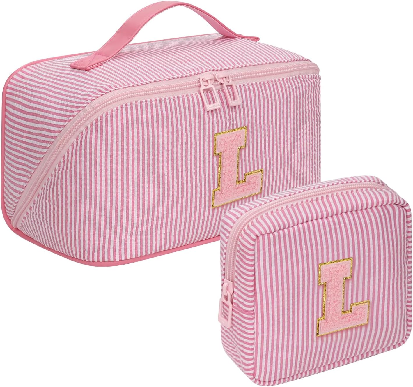 2026 Graduation Gifts - Travel Makeup Bag for Women, 2Pcs Portable Personalized Initial Makeup Organizer Bag, Open Flat Large Cosmetic Bag With Travel Essential Pouch (Pink Letter L)