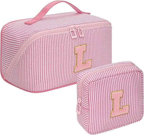 Easter Basket Gifts for Girls Women - Travel Makeup Bag for Women, 2Pcs Portable Personalized Initial Makeup Organizer Bag, Open Flat Large Cosmetic Bag With Travel Essential Pouch (Pink Letter L)