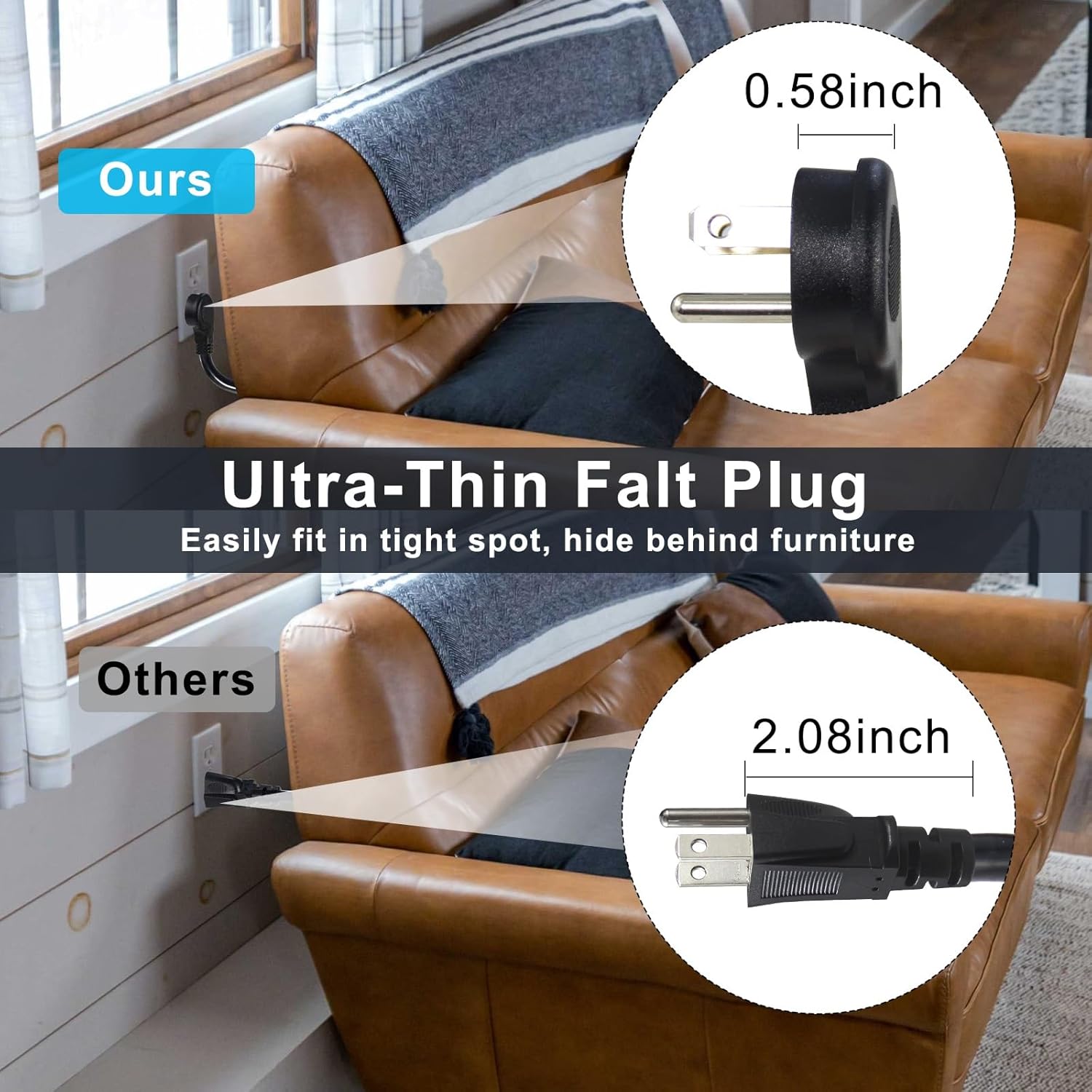 KUNCAN Short Power Extension Cord - Low Profile Wall Head 6 Inch 14AWG/3C SJTW Heavy Duty Extension Cable for Indoor/Outdoor, 45-Degree Flat Plug 15A/125V 1875W NEMA 5-15P to NEMA 5-15R, Black 2-Pack