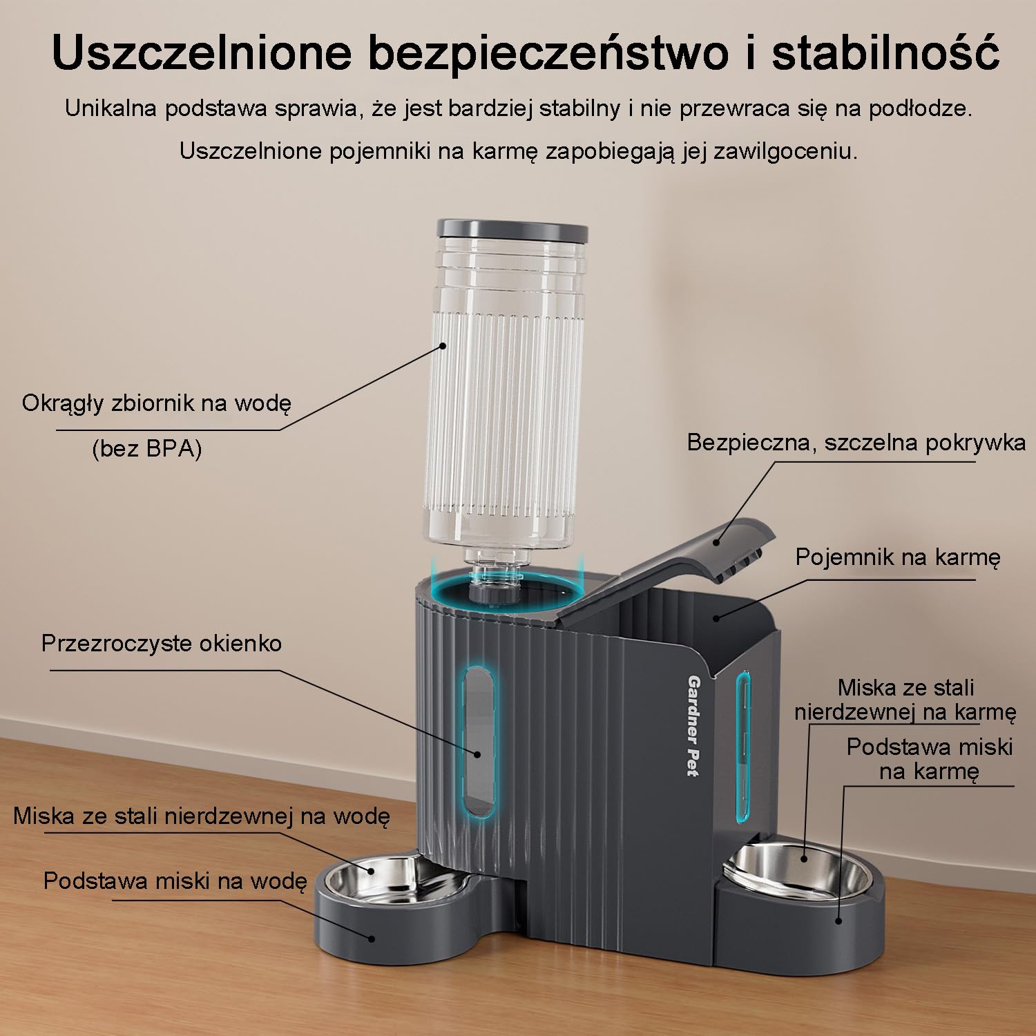 Gardner Pet Automatyczny karmnik dla kotów i dozownik wody 2 w 1, 3 l x 2, miski dla kotów z miską ze stali nierdzewnej, dozownik wody grawitacyjnej, w 100% wolny od BPA, nie wymaga prądu, ciemnoszary