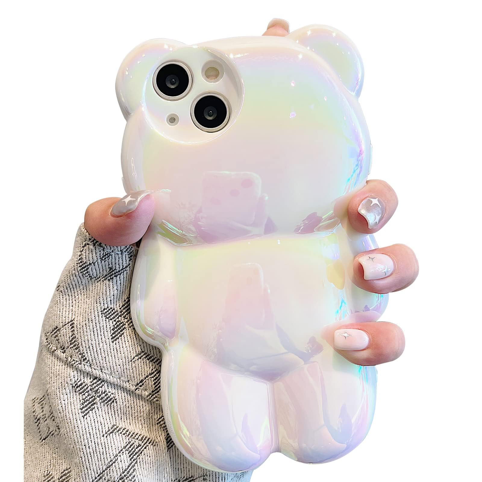 YWYUHE Funny Phone Case Compatible with iPhone 16 Pro Case, Cute 3D Holographic Pure White Bear Case, Shockproof Kpop Cartoon Bear Phone Case for