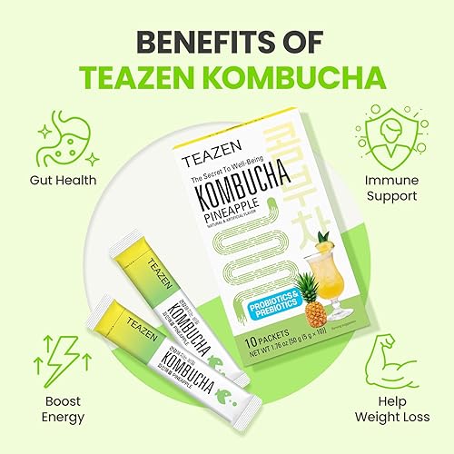 Miniatura 6 de TEAZEN Paquete variado de 5 sabores y 50 palitos, limón kombucha, melocotón, baya, sabor a piña (40 palitos) y mezcla de bebida en polvo de pomelo