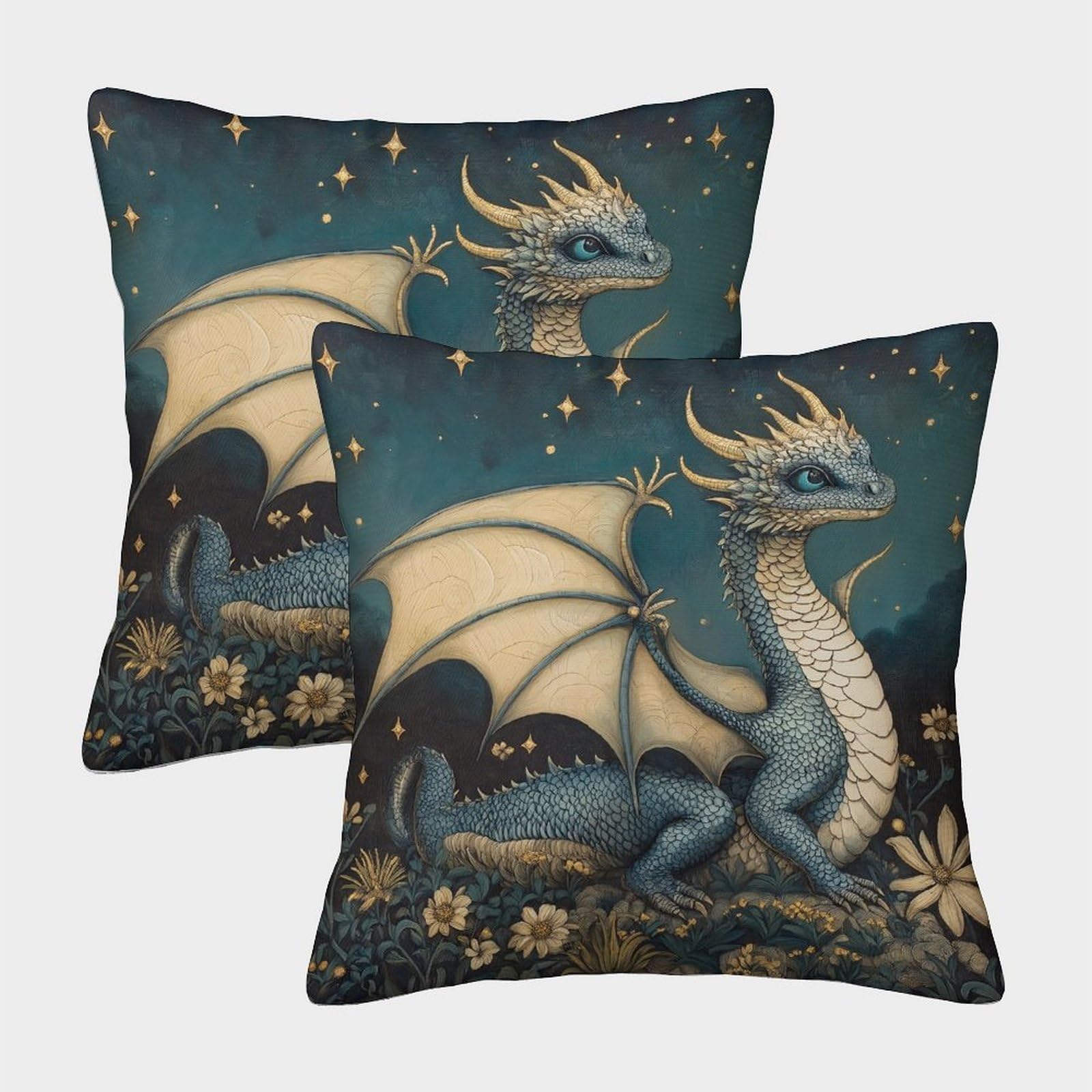 kaiyun 2 Pack Digital Printing 3D Mysterious Dragon,Flowers, Stars Theme Square Cushion Cover 45x45cm Suitable for Outdoor Home Bed Decoration Pattern