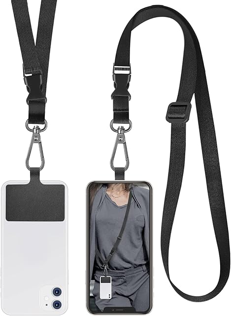 UKON Crossbody Phone Lanyard Strap with Patch Detachable and Adjustable Neck Strap Compatible with Most Smartphone- 1 x Adjustable Lanyard, 2 x Patches (Black)