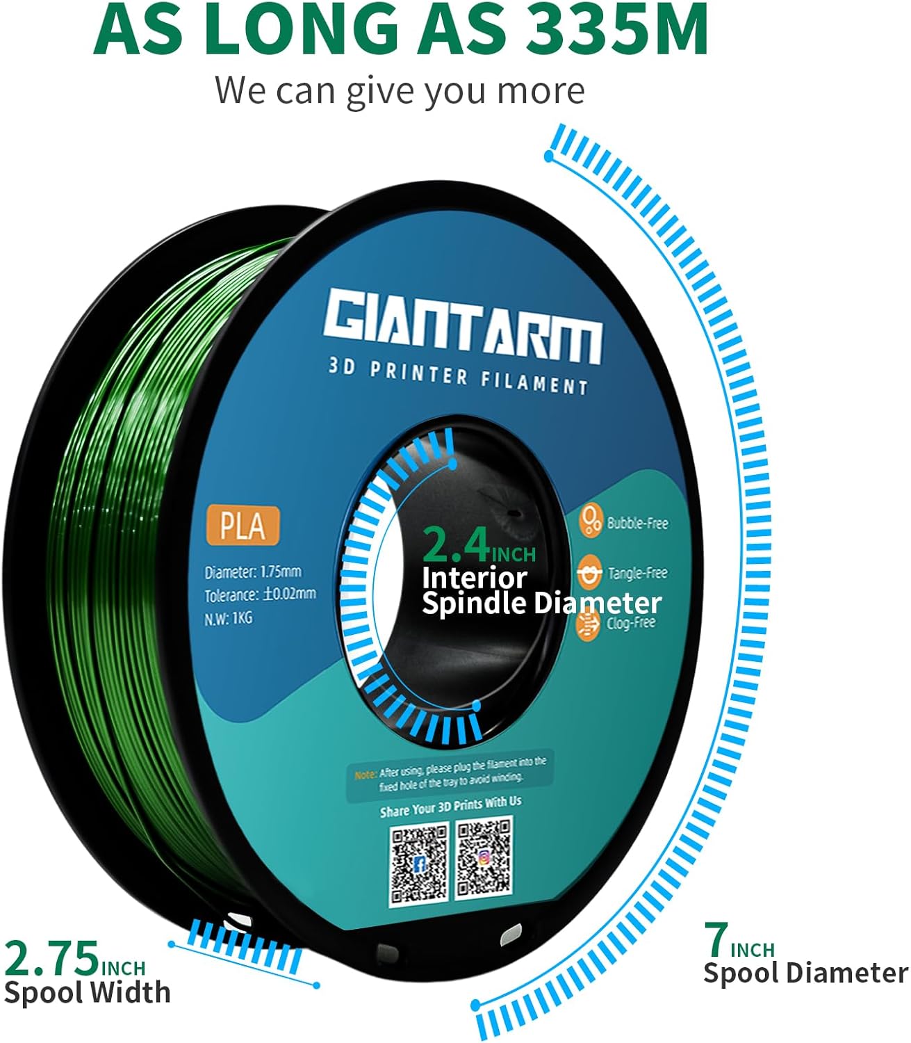 GIANTARM Metallic Green PETG Filament, PETG 3D Printer Filament 1.75mm, Dimensional Accuracy +/-0.02mm, 1kg (2.2lbs), Vacuum Packaging, Fit for Most 3D FDM Printer (Metallic Green)
