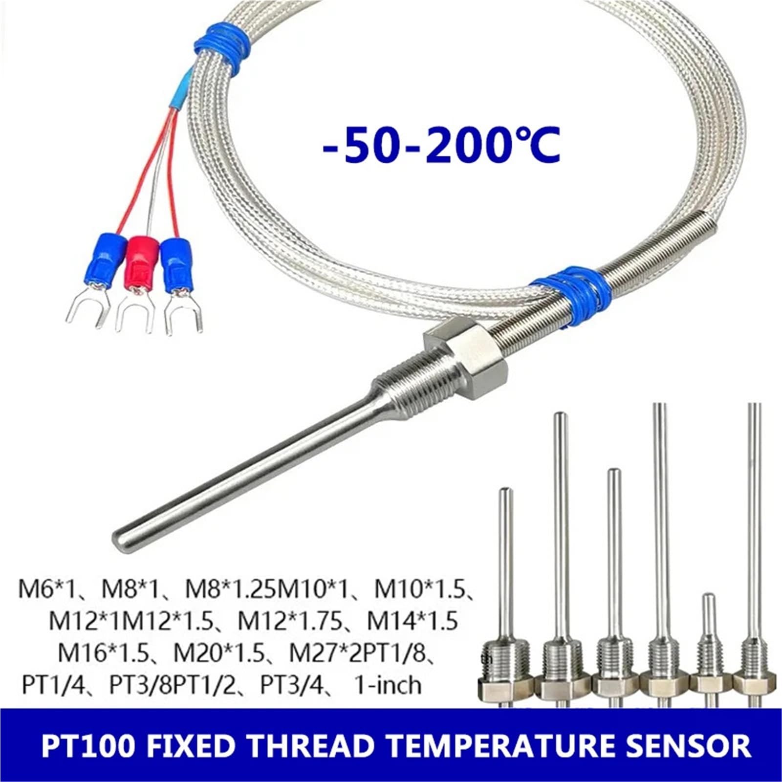 Sonda del Sensor de temperatura PT100 resistente al agua, Detector de resistencia de alta precisión roscado Industrial de acero inoxidable, línea PTFE(PT1000-PT1-8 -30mm)