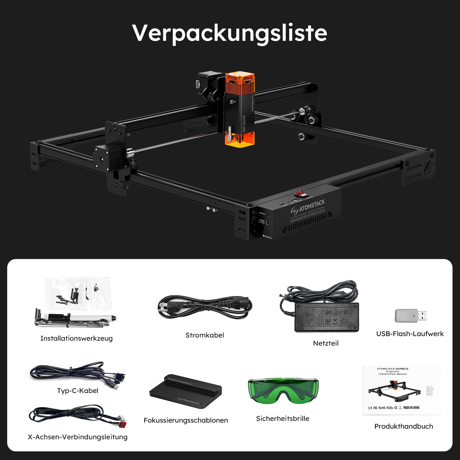 ATOMSTACK SWIFT A10 PRO V2 10W Laser Graviermaschine Gravurbereich:410×380 mm Laser Cutter Hochpräzisions-Laserschneider für Personalisierte Geschenke Holz Acryl Leder (SWIFT A10 PRO V2 10W Schwarz)