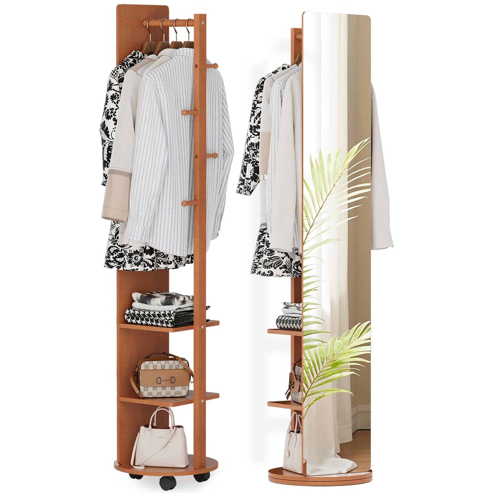 Warmiehomy 39X170cm Full Length Mirror with Coat Rack, 360° Solid Wood Swivel Freestanding Floor Long Mirror for Bedroom, Living Room, Cloakroom(Walnut)