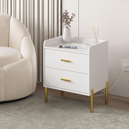 Miniatura 8 de Juego de 2 mesitas de noche blancas, mesa auxiliar moderna de mediados de siglo con estación de carga, mesita de noche de almacenamiento de granja