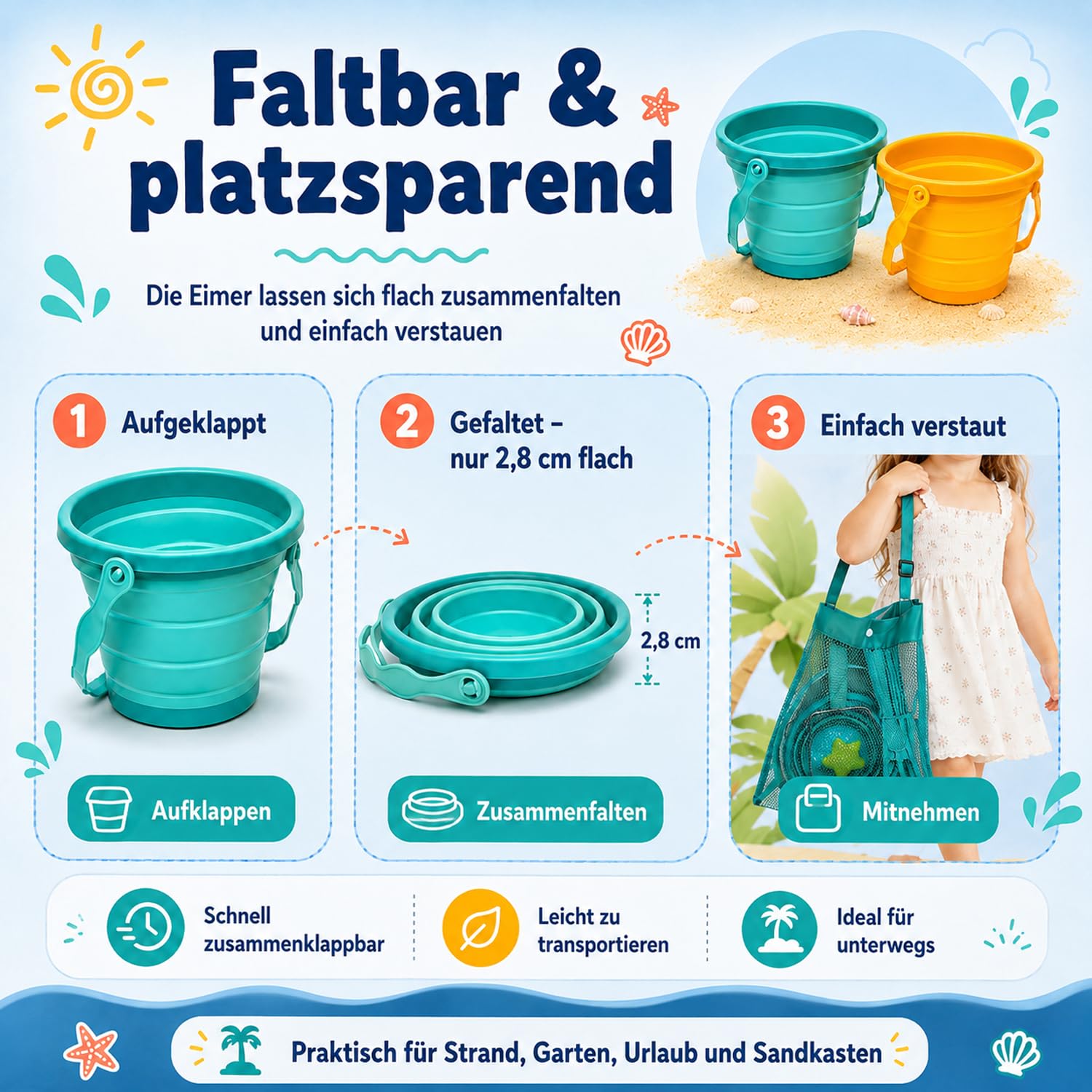 Sandspielzeug Set Kinder 14-teilig, Strandspielzeug mit 2 faltbaren Eimern, Schaufeln, Rechen, Sandsieben, Netzbeuteln & Sandformen, Sandkastenspielzeug für Strand Urlaub ab 3 Jahren