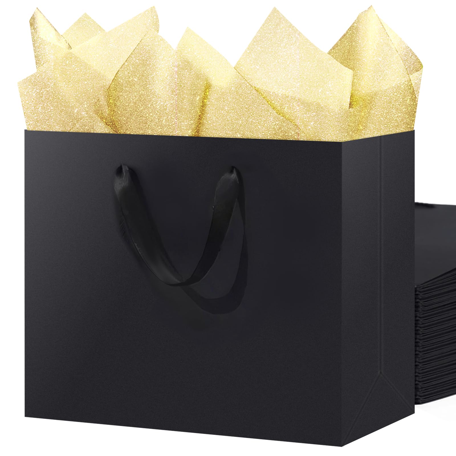 SHIPKEY 3 Pack Extra Large Black Gift Bags with Gold Tissue Paper, 40x15x30cm Kraft Paper Shopping Bags with Ribbon Handles for Birthday, Wedding, Party, and Holiday Gifts