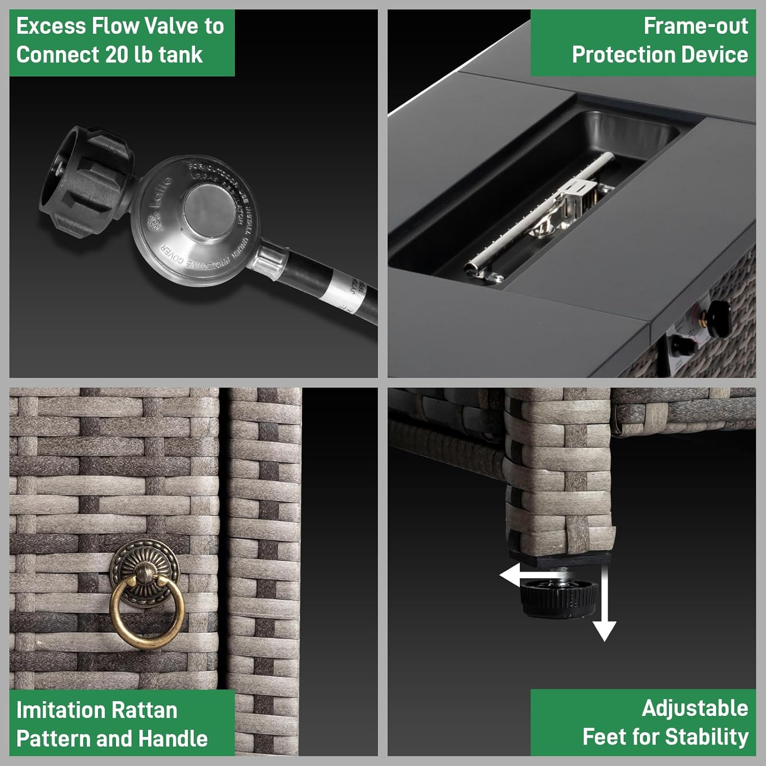 Outvita Fire Pit Table, 43" 50,000 BTU Rectangle Metal and Wicker Propane Fire Table with Lid, Lava Rocks, Waterproof Dust Cover and Glass Wind Guard for Garden Backyard Deck Patio