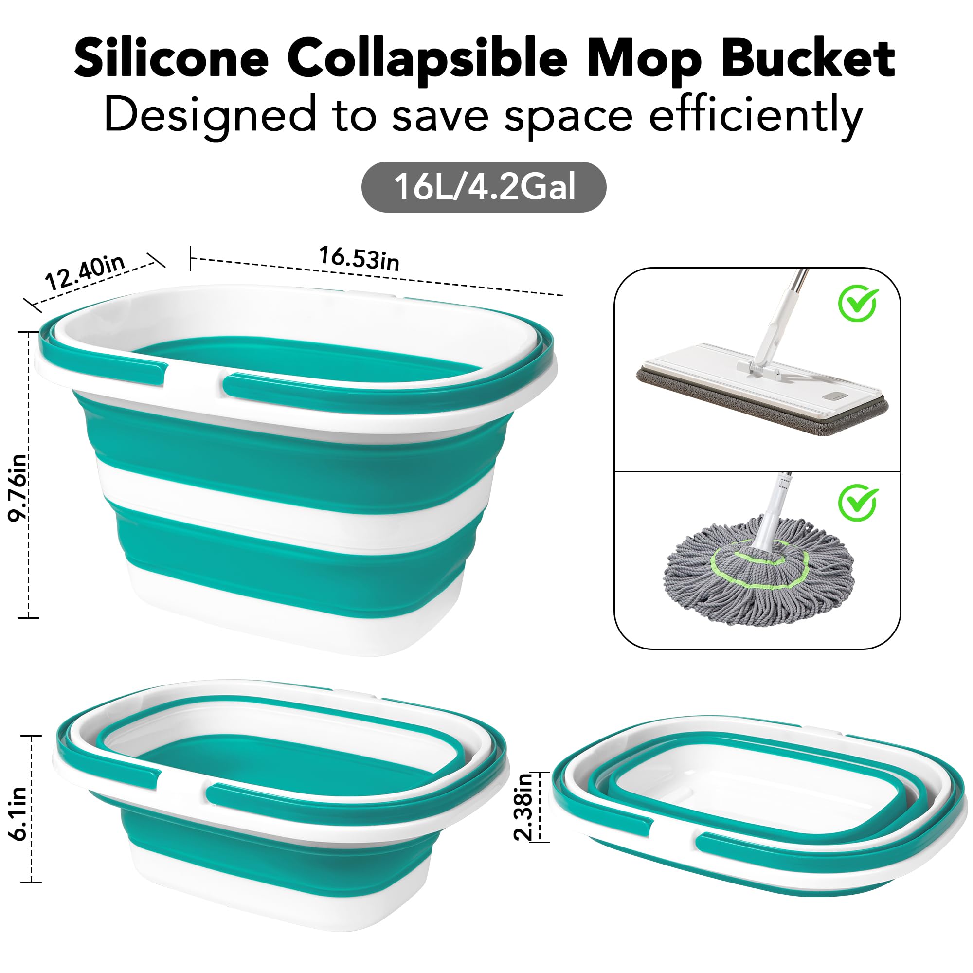 Lot de 2 seaux à vadrouille pliables, 16 l (16 gal) en plastique pour le nettoyage de la maison, le lavage de voiture, le nettoyage en silicone, panier portable avec poignée pour le rangement du linge