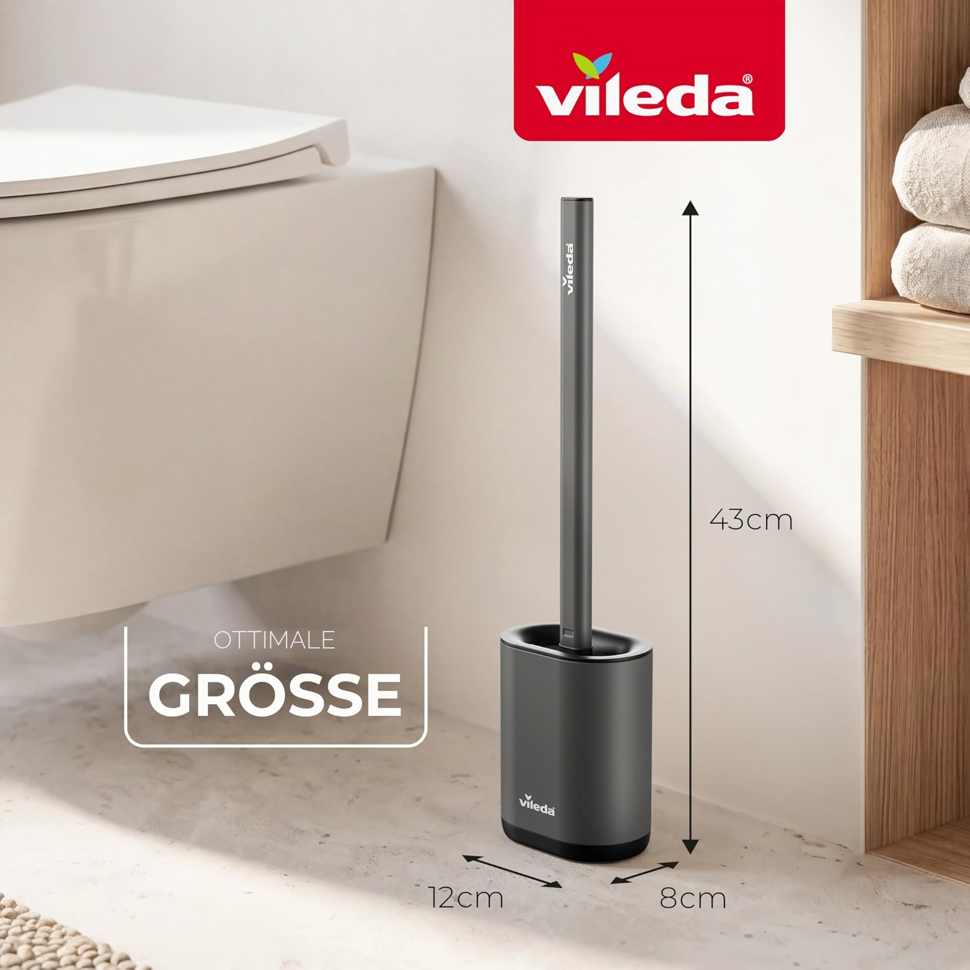 Vileda Scopino WC in Silicone con Supporto da Parete – Spazzola Bagno con Testa Flessibile e Manico in Acciaio Inox – 2 Zone di Pulizia, Asciugatura Rapida, Igienico, Grigio