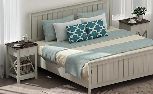 Miniatura 2 de Treocho Juego de 2 mesas auxiliares de granja, mesita de noche con estación de carga, mesa auxiliar de diseño X con 2 tomas de corriente alterna y