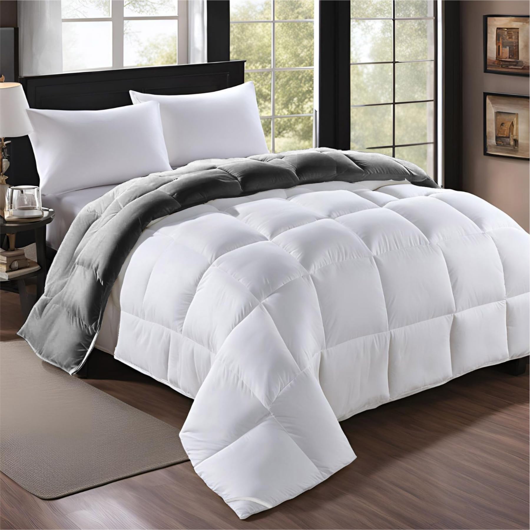 Epinch® Premium Reversible Comforter Soft as Feathers 4 Corner Loops 500 GSM Luxurious Perfect for Home & Hotel (White & Dark Grey, Double_90 X 100 Inch)-image-29