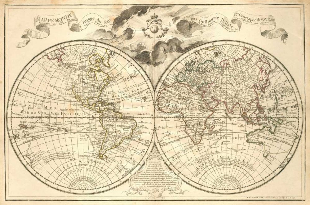 ART-CANVAS-stretched-on-WOODEN BARS Mappe-Monde, 1720 De LIsle Guillaume - podróżny obraz poziomy mapa świata druk artystyczny 20_X_31_in