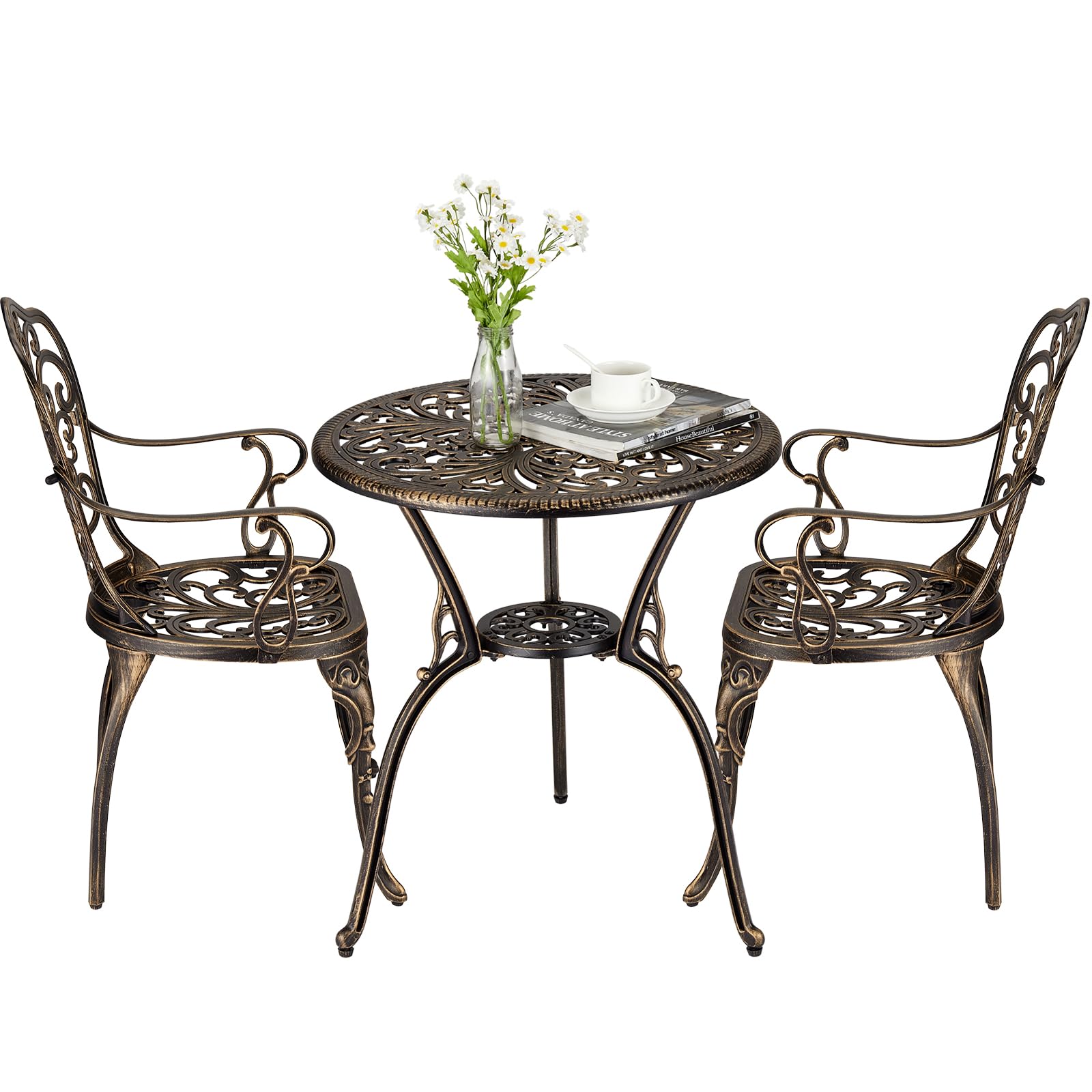 3-teiliges Bistro-Set aus Aluminium-Druckguss – Tisch mit Sonnenschirm-Portal – 2 Stühle wetterfest – ideal für Garten, Terrasse, Balkon, Pool – Farbe Bronze