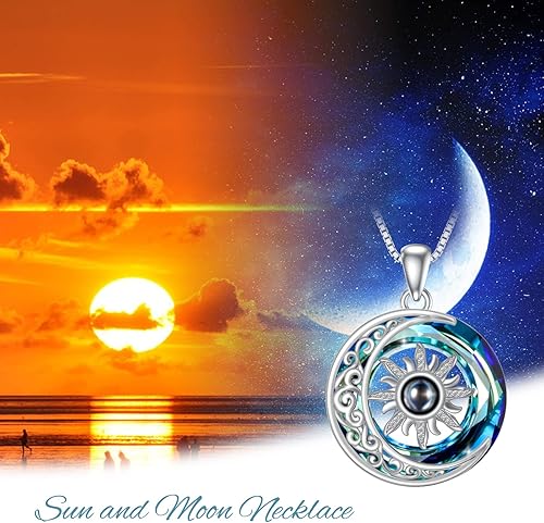 Miniatura 2 de POPKIMI Collar de sol y luna de plata de ley, collar de amistad con texto en inglés "I Love You", 100 idiomas, Metal, Cristal