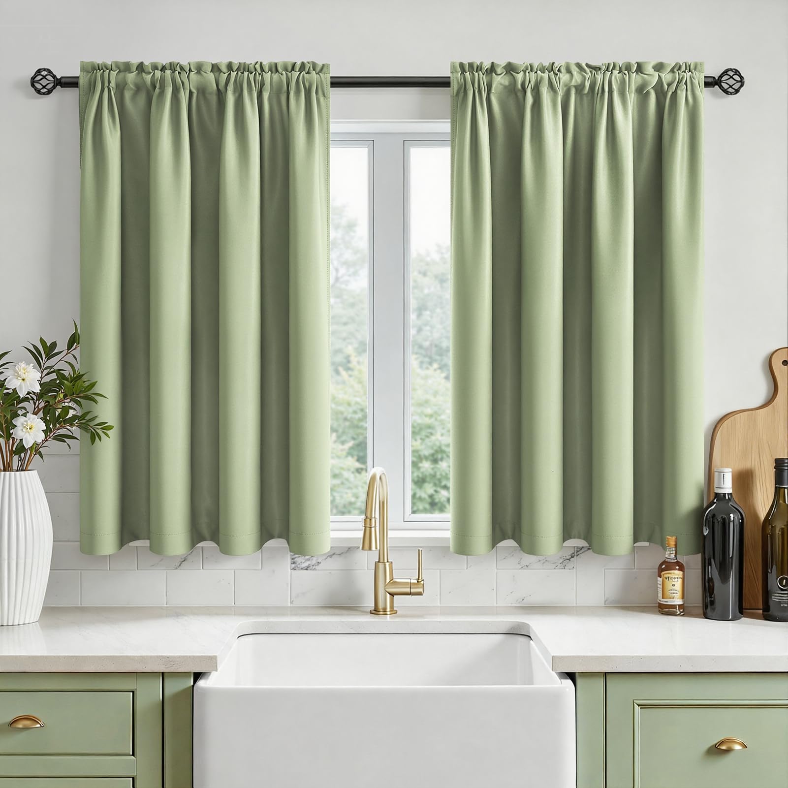 MRTREES Green Waterproof Blackout Rod Pocket Curtains, Short Thermal Bedroom Curtains for Kitchen Cafe Cupboard Caravan, 2 Panels 90x60 CM 35x24 Inch Sage Green โ image 1