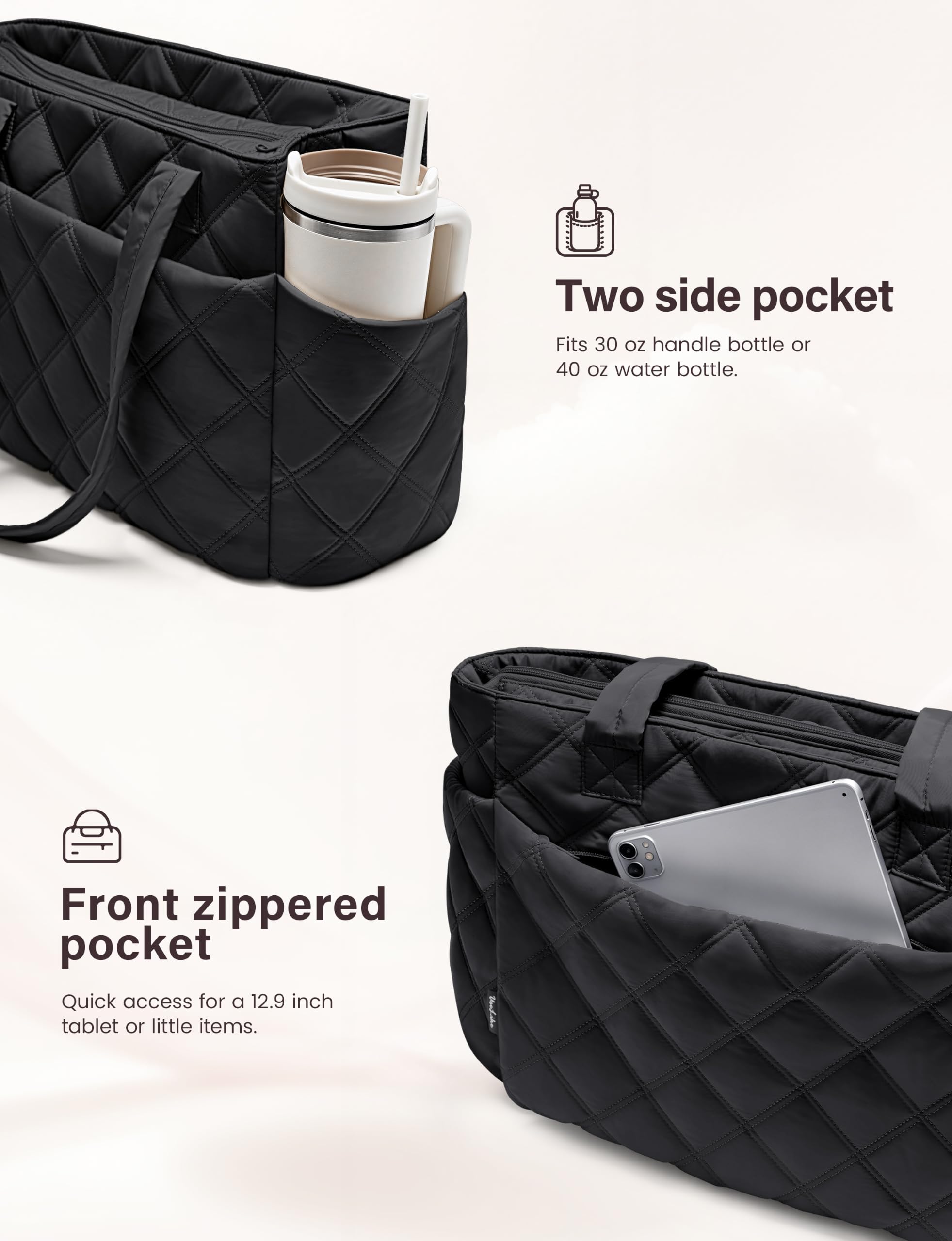 Uselike Bolsa de mano para mujer, ligera, acolchada, con compartimentos para viajes, bolsa de hombro acolchada con cremallera