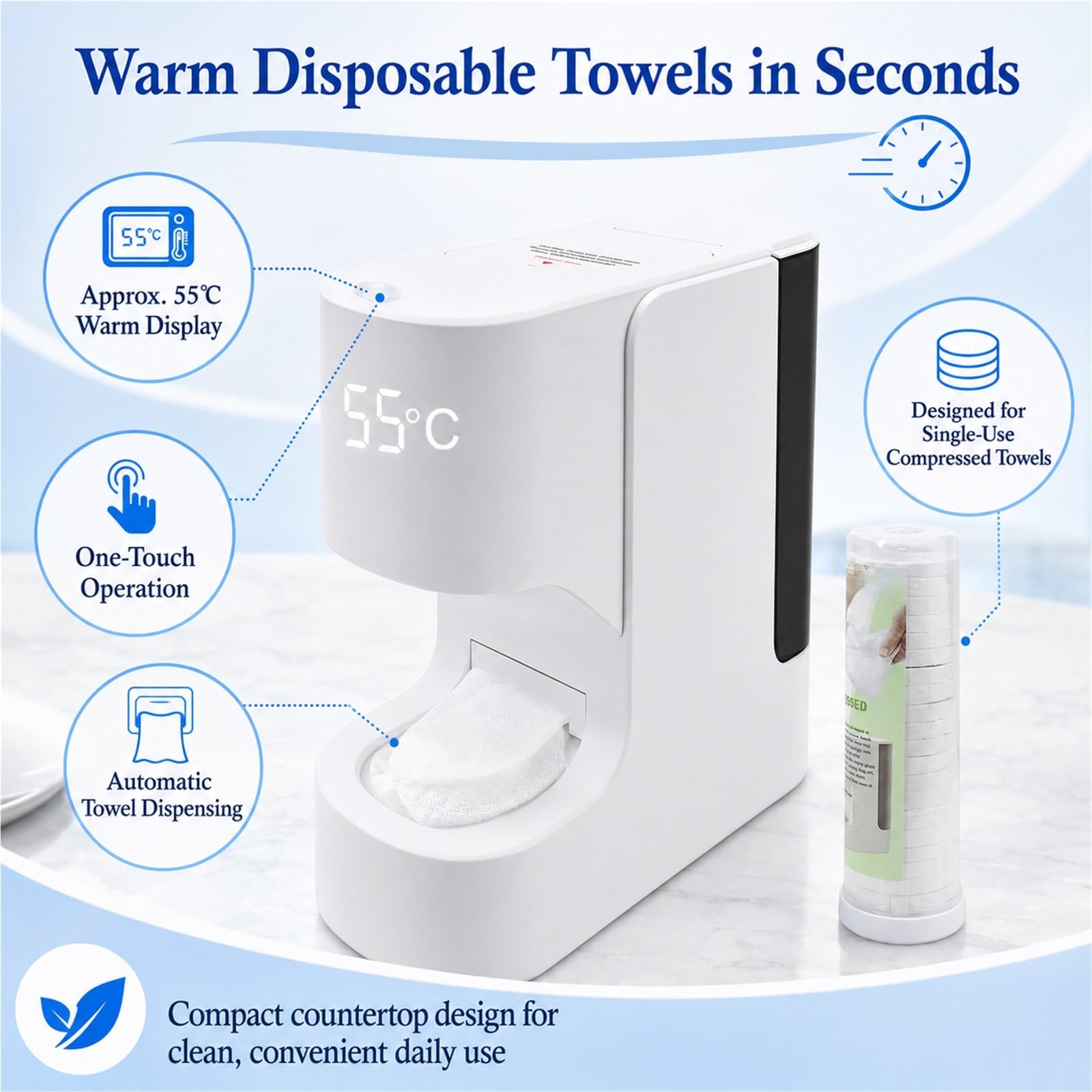 Handtuchwärmer Spender, 5s Erwärmung auf 55°C, inkl. 20 Tücher | Automatischer Spender, 5s Erwärmung, konstante 55°C, Sprachansage, ideal für die tägliche Gesichtspflege