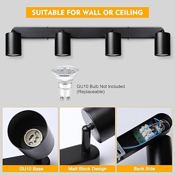 4 Way Spotlight Ceiling Lights, Modern Kitchen Ceiling Light Fittings Black, Industrial Ceiling Spots Wall Lights, Adjustable GU10 Spotlights for Bedroom Living Room Hallway,Bulbs Not Included