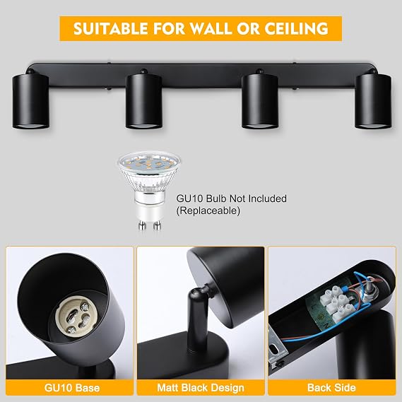 4 Way Spotlight Ceiling Lights, Modern Kitchen Ceiling Light Fittings Black, Industrial Ceiling Spots Wall Lights, Adjustable GU10 Spotlights for Bedroom Living Room Hallway,Bulbs Not Included