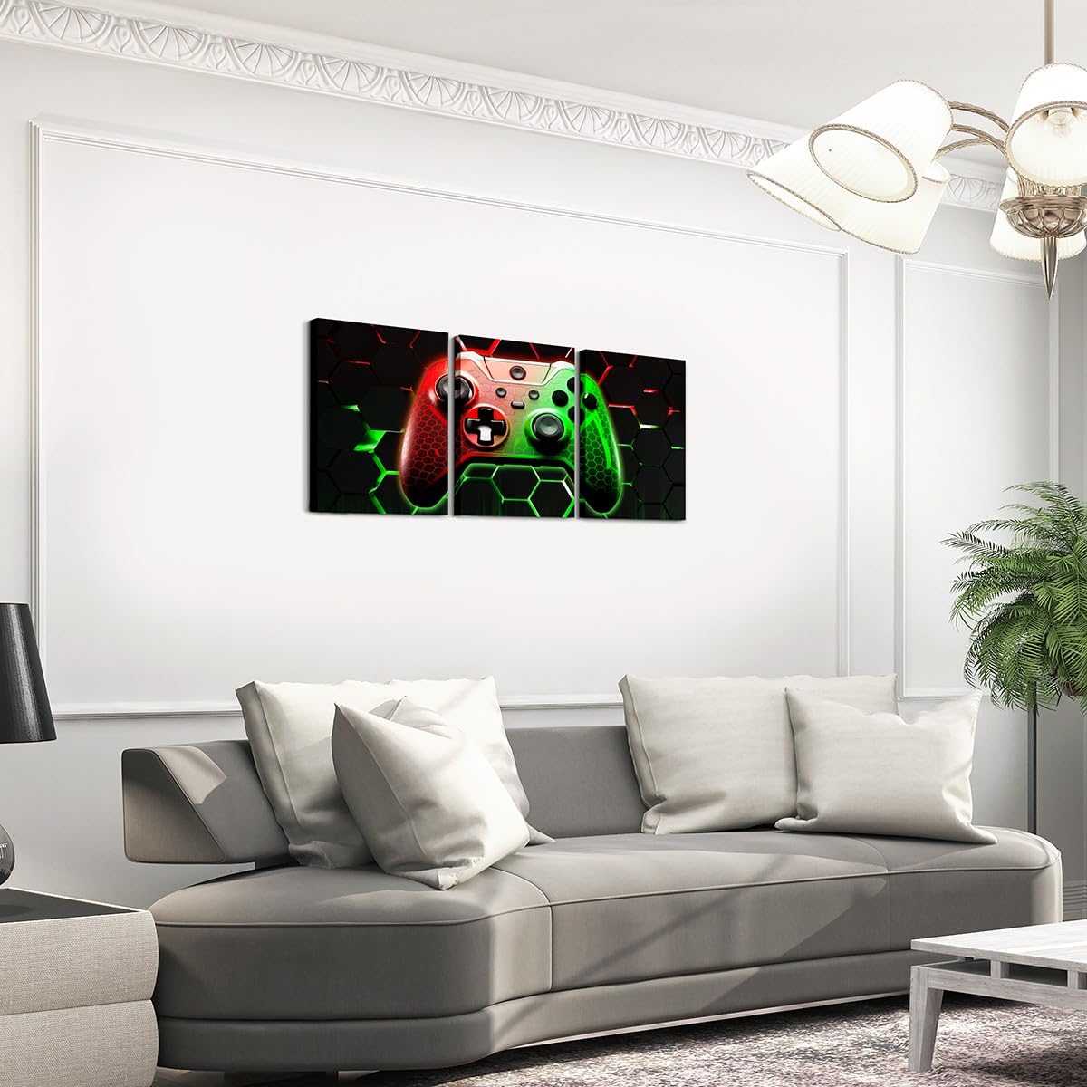 Manfei Lot de 3 toiles murales de jeu vidéo pour salon, chambre à coucher, jeux vidéo - Motif géométrique rouge et vert