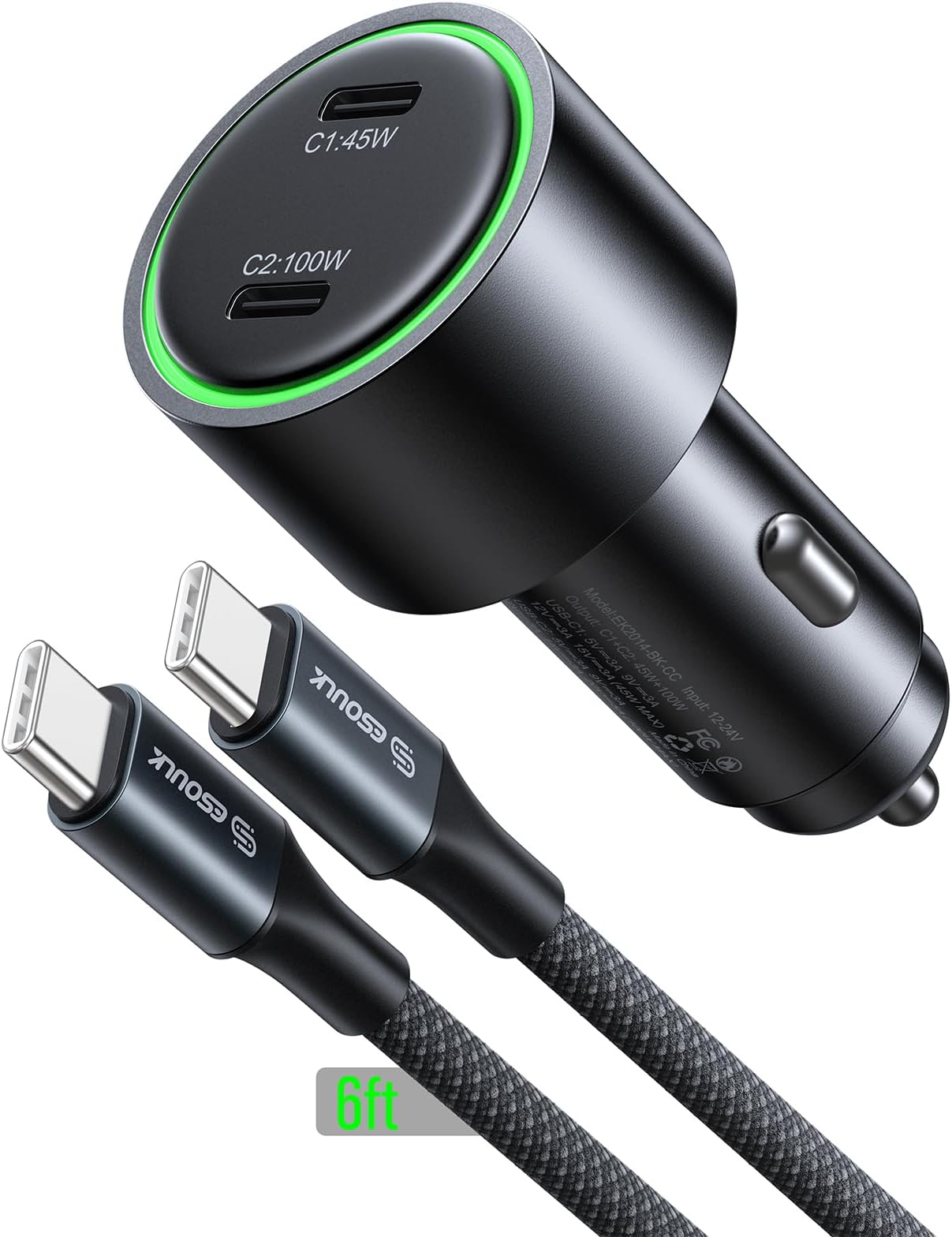 145W Fast Charging Car Charger, Dual USB C Car Charger Adapter with 100W + 45W Output, Cigarette Lighter to USB C Car Charger with 6ft Braided Cable, High Speed Car Charger for Laptop, Phone